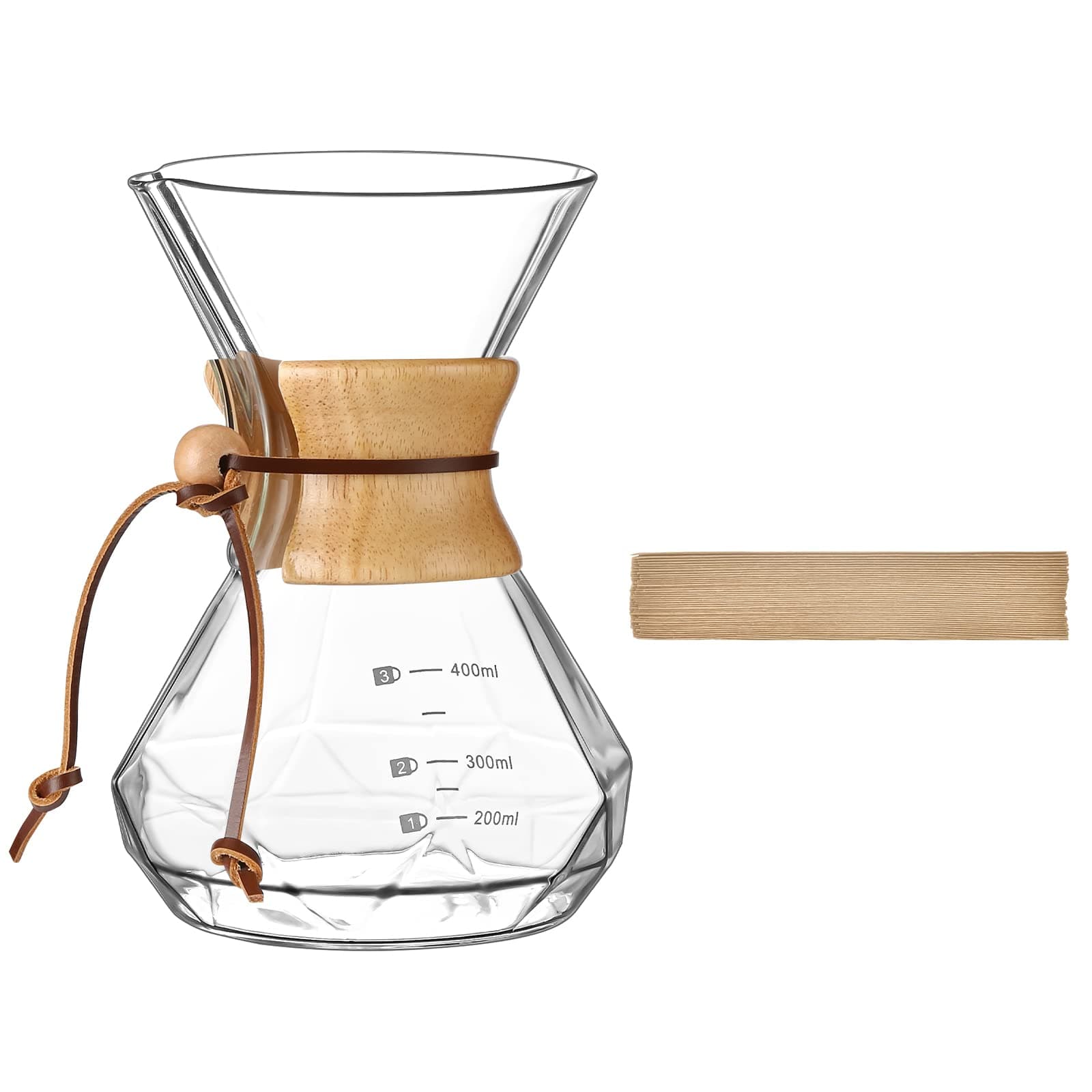 Pour Over Coffee Maker with 40 Pieces Coffee Filter Papers, 400 ml Coffee Maker Brewer, Manual Drip Coffee Machine, Glass Carafe with Wooden Cover, Brews, Coffee Carafe, Pour Over Coffee Maker