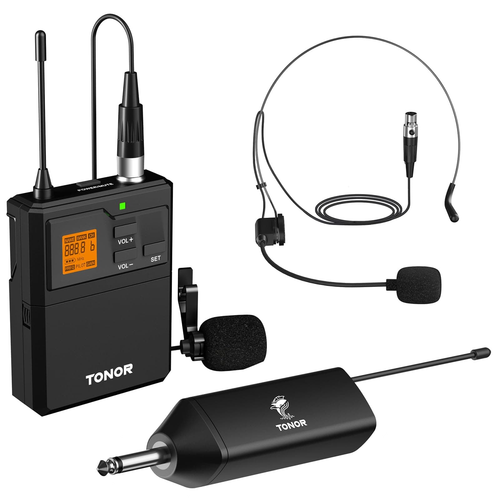 TONOR Wireless Headset Microphone& Lavalier Mic with Bodypack Transmitter, 1/4" Jack Rechargeable Receiver, 5 Channels, 60 M Range for Fitness Class Live Performance PA Speaker, TW621, 1 Mic