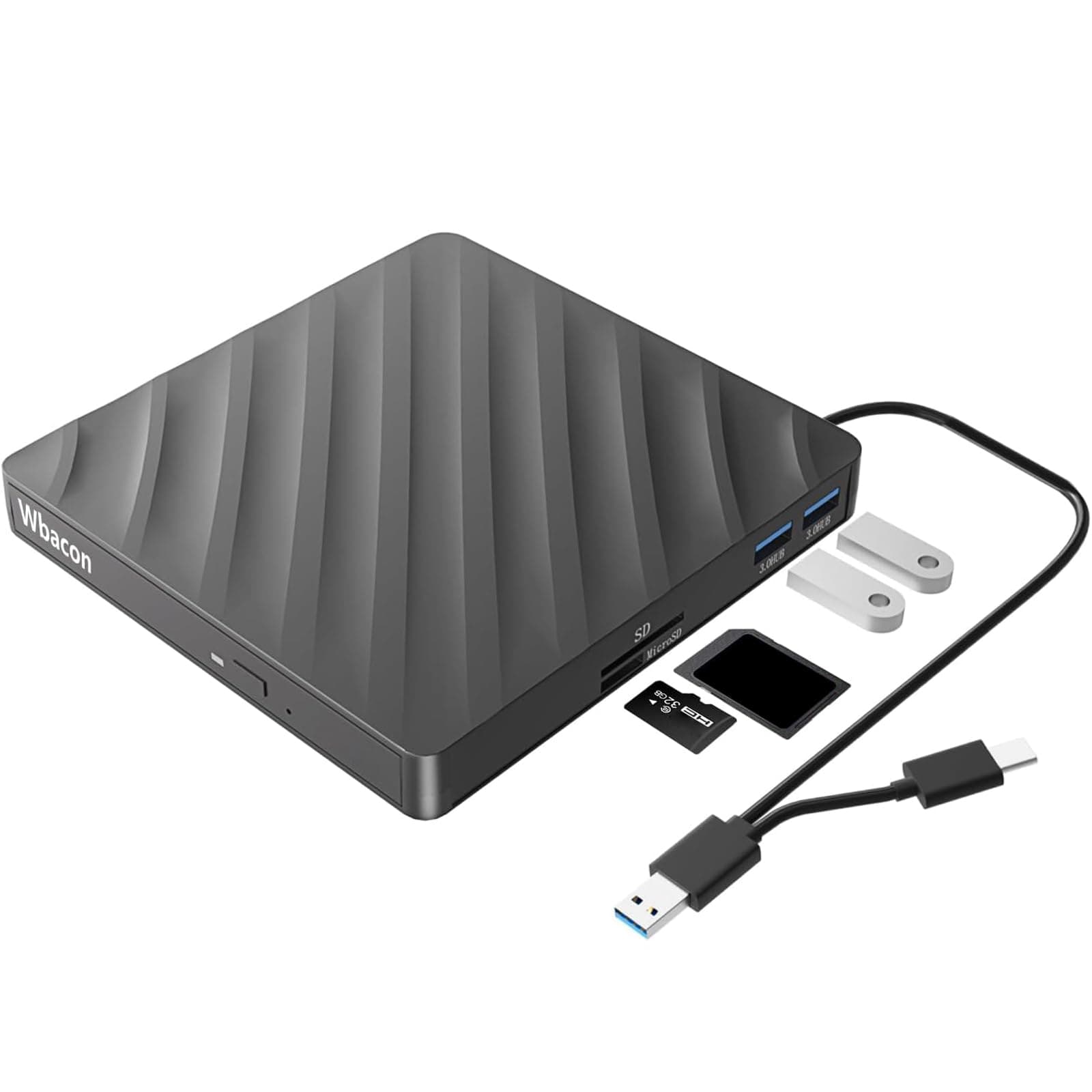Wbacon 5 in 1 External Blu-ray Burner, USB 3.0 Type-C Slim Optical External Bluray DVD Burner with SD/TF Card Reader 2 USB 3.0 Hubs Compatible with Windows XP/7/8/10 MacOS MacBook Laptop and Desktop