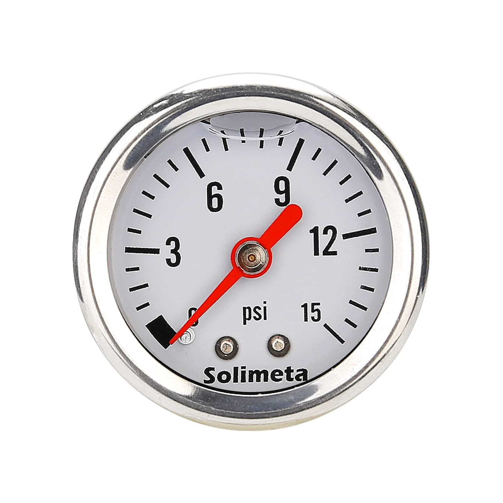 Solimeta 1.5" Dial Size, Oil Filled, 1/8 NPT Inline Fuel Pressure Gauge - 304 Stainless Steel Case, 0-15Psi, +/-3-2-3%