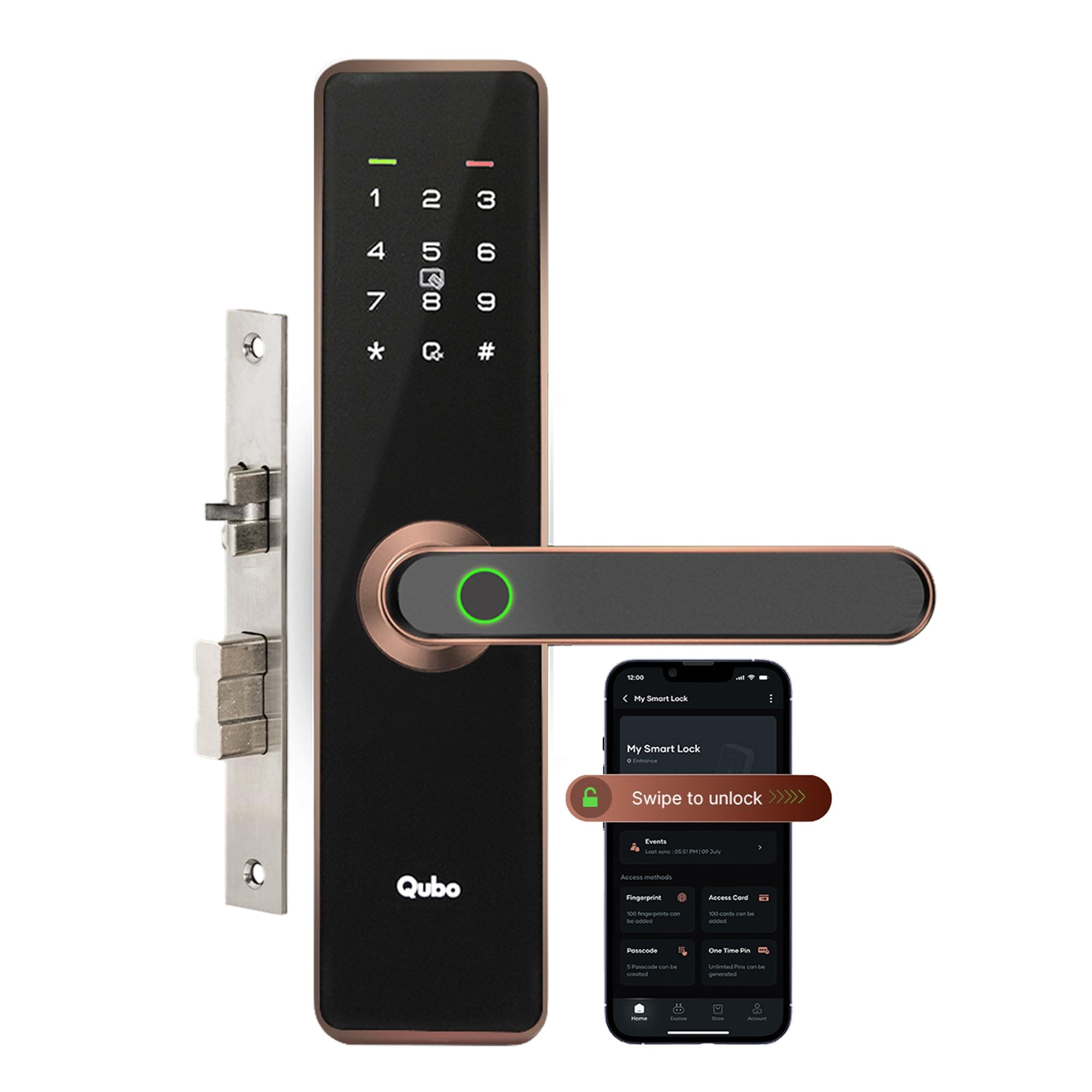 Smart Door Lock Essential from Hero Group | 6-Way Unlocking | Fingerprint | Remote Unlocking via OTP | PIN | RFID Access Card | Mobile App | Mechanical Key | 1 Year On-Site Warranty | (Copper)