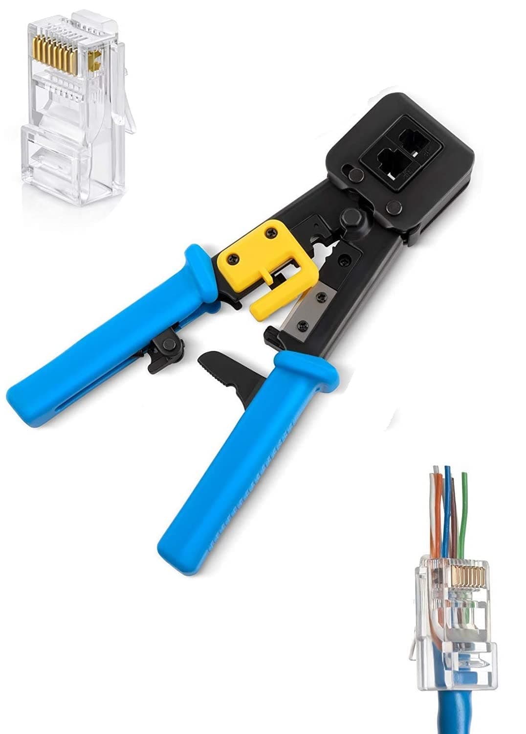 Modular RJ45 Crimp Tool for Pass-Through Connectors (Pass-Through Ethernet Crimper) with Built-in Wire Cutter and Stripper (Blue)
