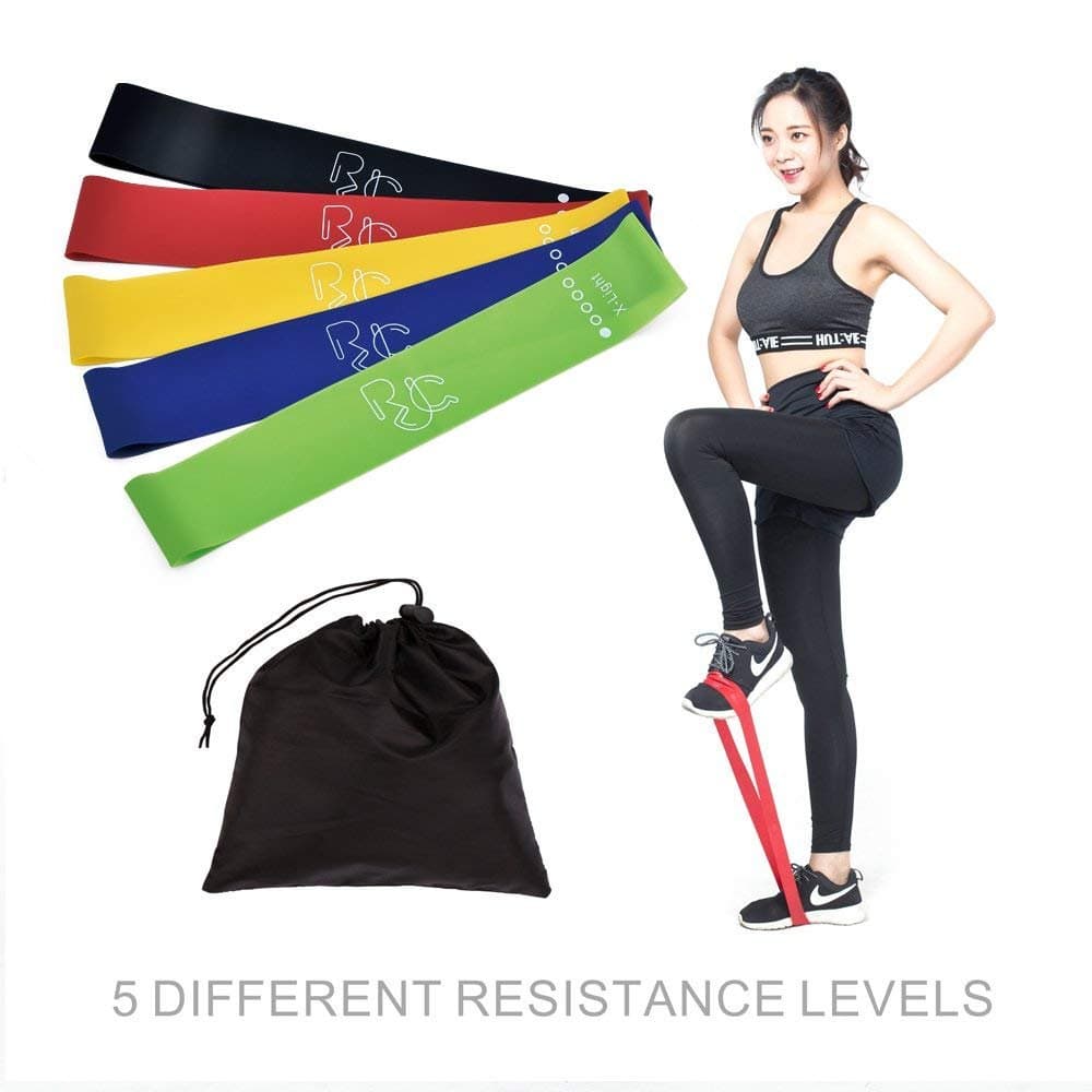 RJQ Exercise Resistance Loop Bands, (24 x 2-Inch) Set of 5 Fitness Exercise Bands with 100% Natural Latexl Best for Yoga, Stretching, Outdoor Exercise.