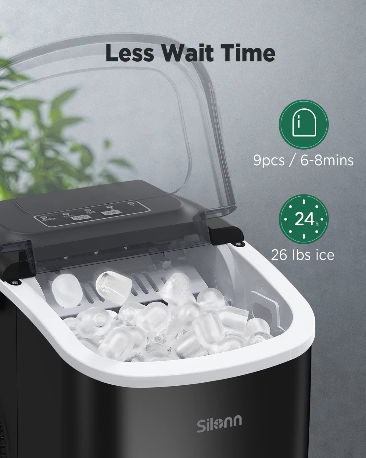 Ice Maker Countertop, 9 Cubes Ready in 6 Mins 26lbs in 24Hrs, Self-Cleaning Ice Machine with Ice Scoop and Basket, 2 Sizes of Bullet Ice for Home Kitchen Office Bar Party, Black