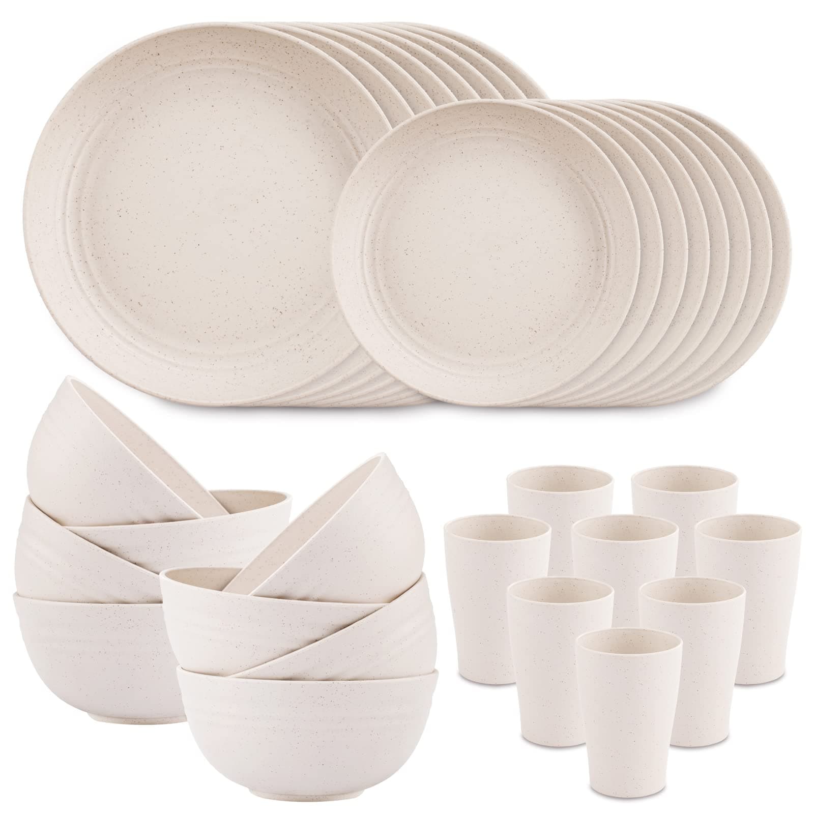 Supernal Wheat Straw Dinnerware Sets,Dish Sets for 8,Plates and Bowls Set Dishwasher Safe,Unbreakable Dinnerware,Reusable Plastic Plates,Beige Color 16pcs Plates, 8pcs Bowls, 8pcs Cups.