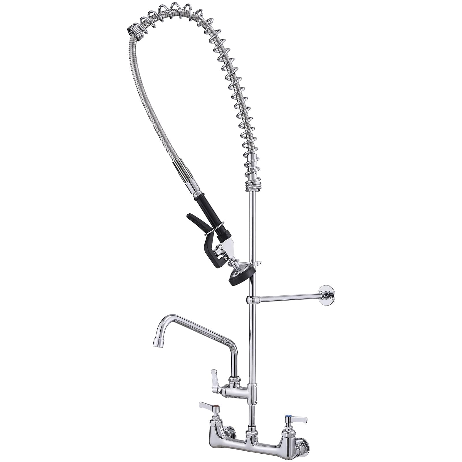 BWE Kitchen Faucet with Pull Down Sprayer, with Pre-Rinse Sprayer Industrial Restaurant Sink Faucet, 12" Swivel Spout 41" Height Polished Chrome Wall Mount