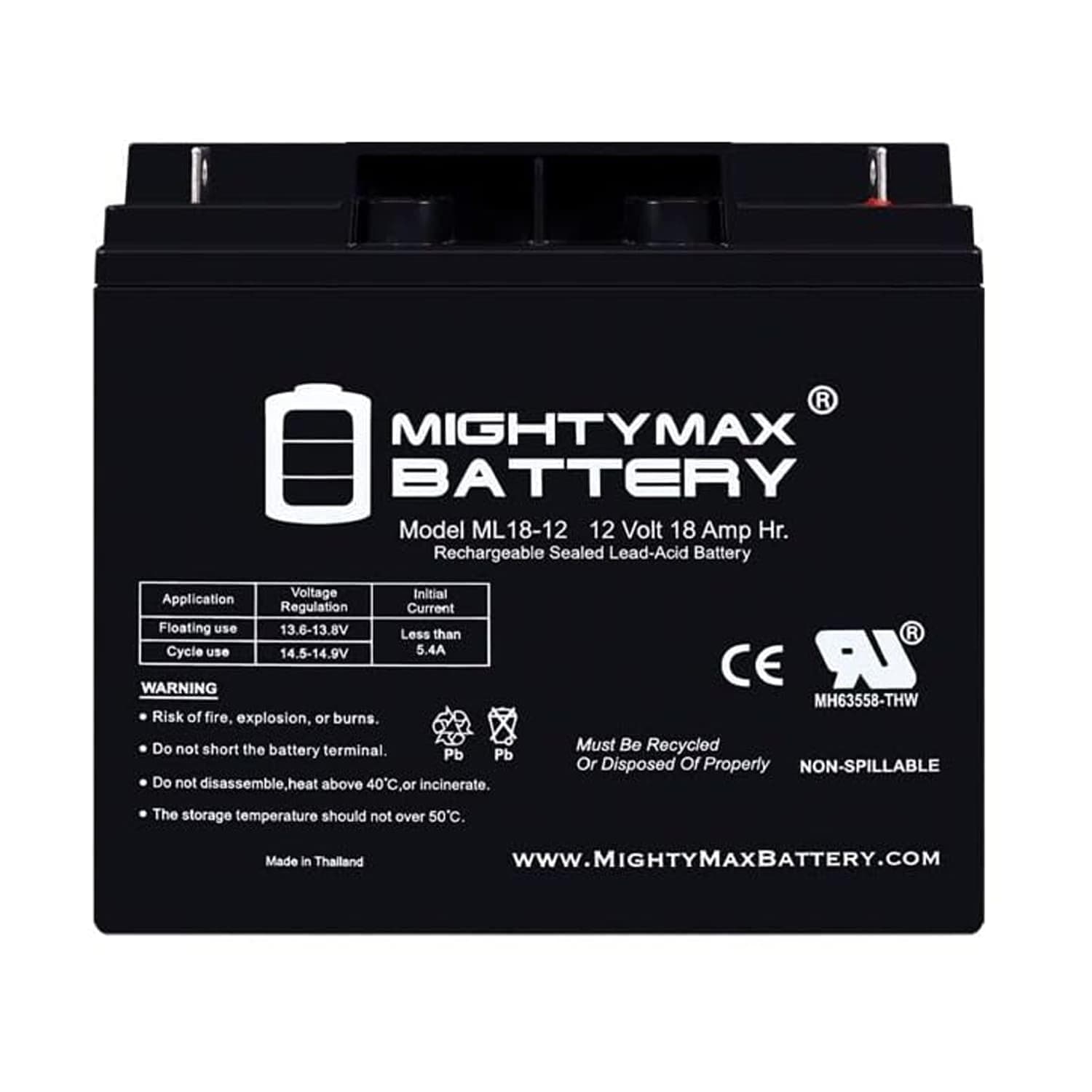 Mighty Max Battery ML18-12 - 12 Volt 18 AH, Nut and Bolt (NB) Terminal, Rechargeable SLA AGM Battery