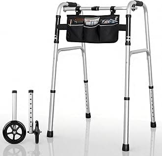Folding Walker with 6" Wheels for Seniors - 8-Level Height Adjustable, Removable Bearing Wheels, Stand Assist Walker with Storage Bag, 350 lbs Bariatric Capacity, Aluminum Lightweight, Silver