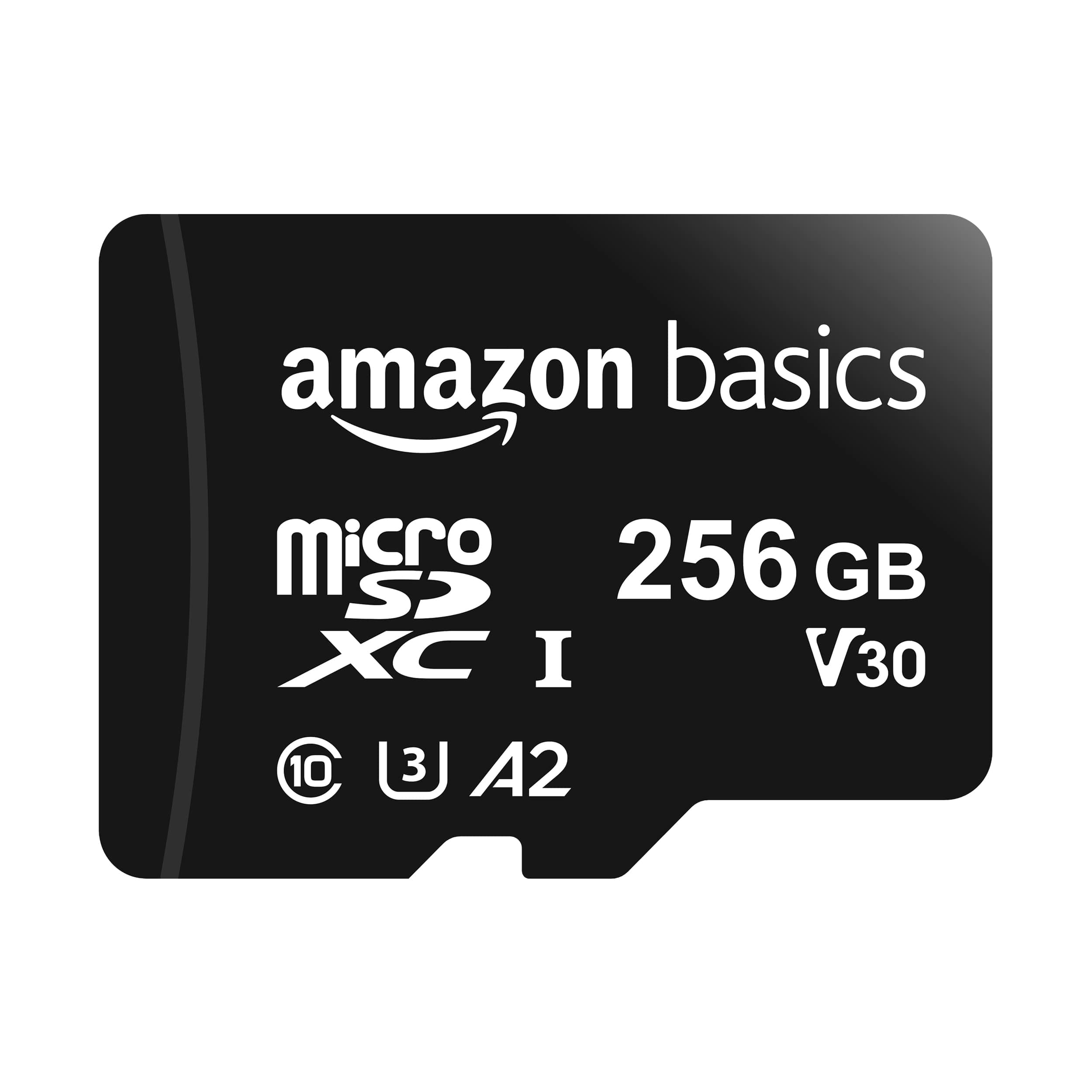 Amazon Basics microSDXC Memory Card 256GB with Full Size Adapter A2 U3 Read Speed up to 100MB/s Black
