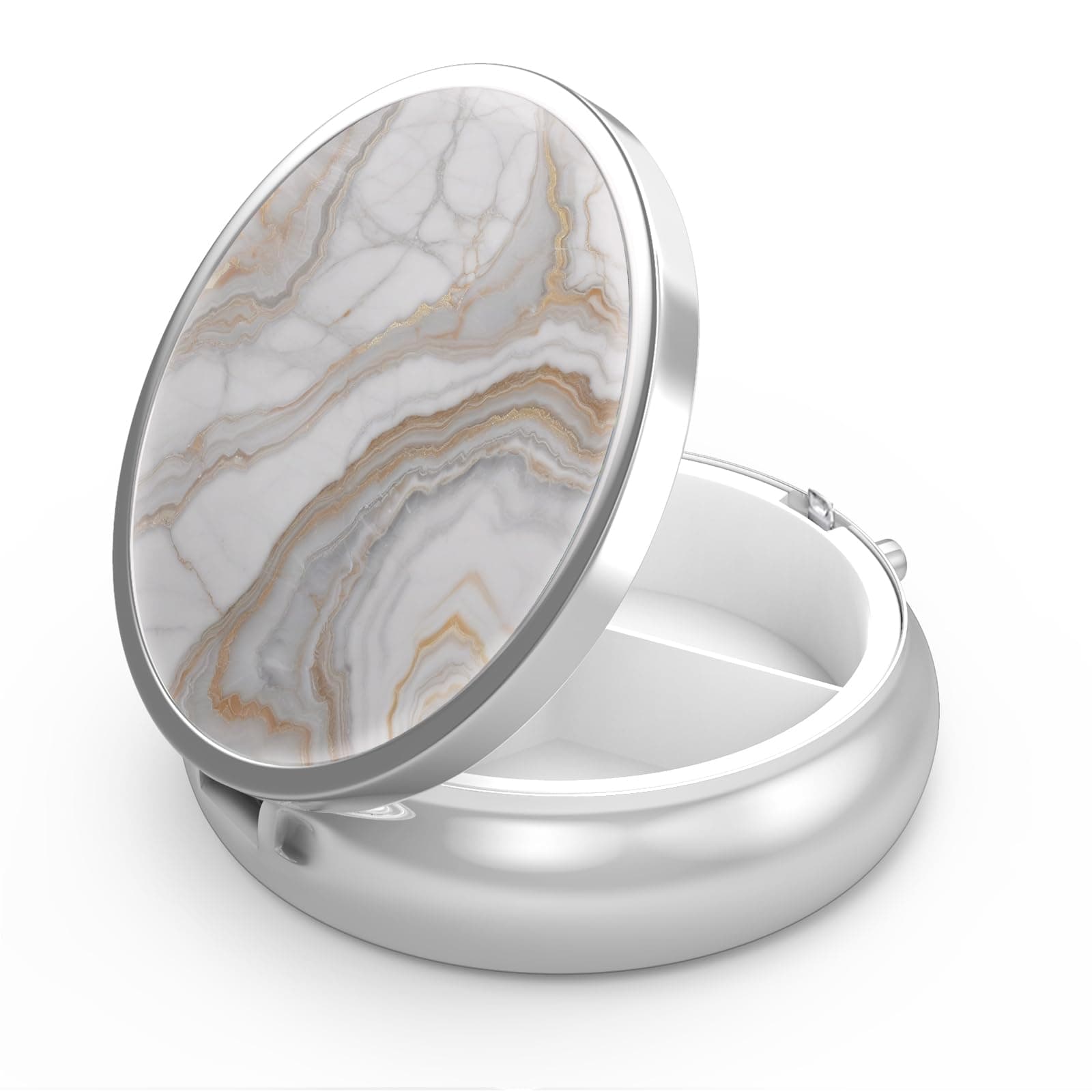 Pill Box 3 Compartment Small Pill Case,Portable for Pocket or Purse Pill Organizer Pill Container Holder to Hold Vitamins, Medication, Fish Oil and Supplements(Gray Marbling Gold)