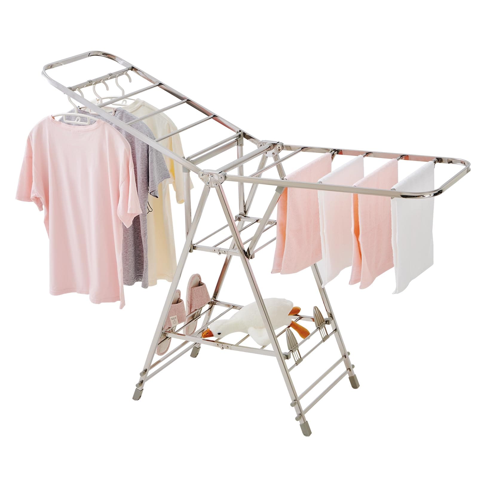 Foldable Clothes Drying Rack has 21 Rods, Non-Slip Buckle, Shoe Rack and Wheels ，Stainless Steel Laundry Drying Rack,Collapsible for Easy Storage,Rust-Proof,Works Both Indoors and Out