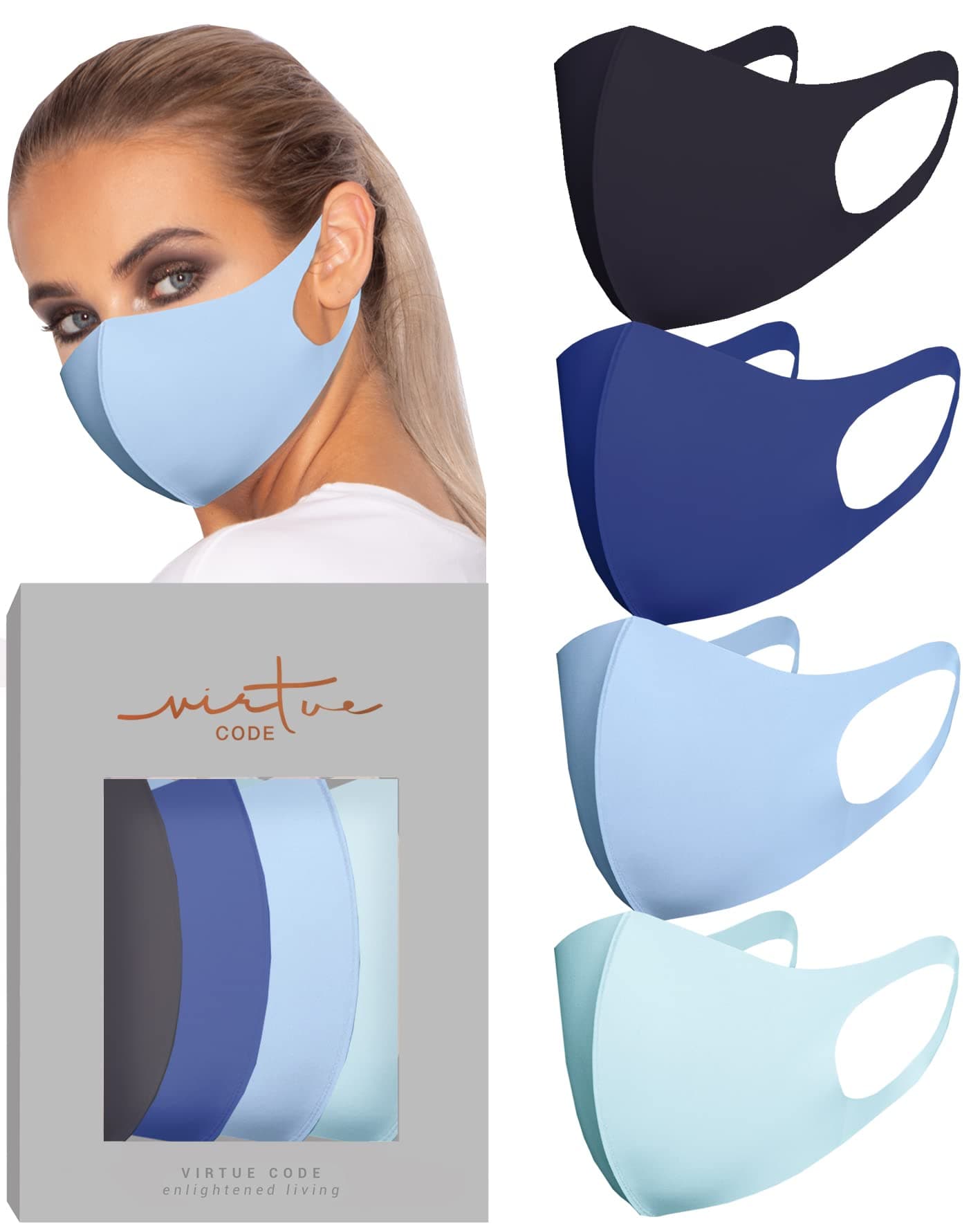 [ＣＨＡＭＯＫＡ] VIRTUE CODE Second Skin Cloth Face Mask Pack. 4 Buttery Soft Masks Washable Fabric - Blue Face Mask Reusable. Stretchy, Comfortable, Fresh Facemask.