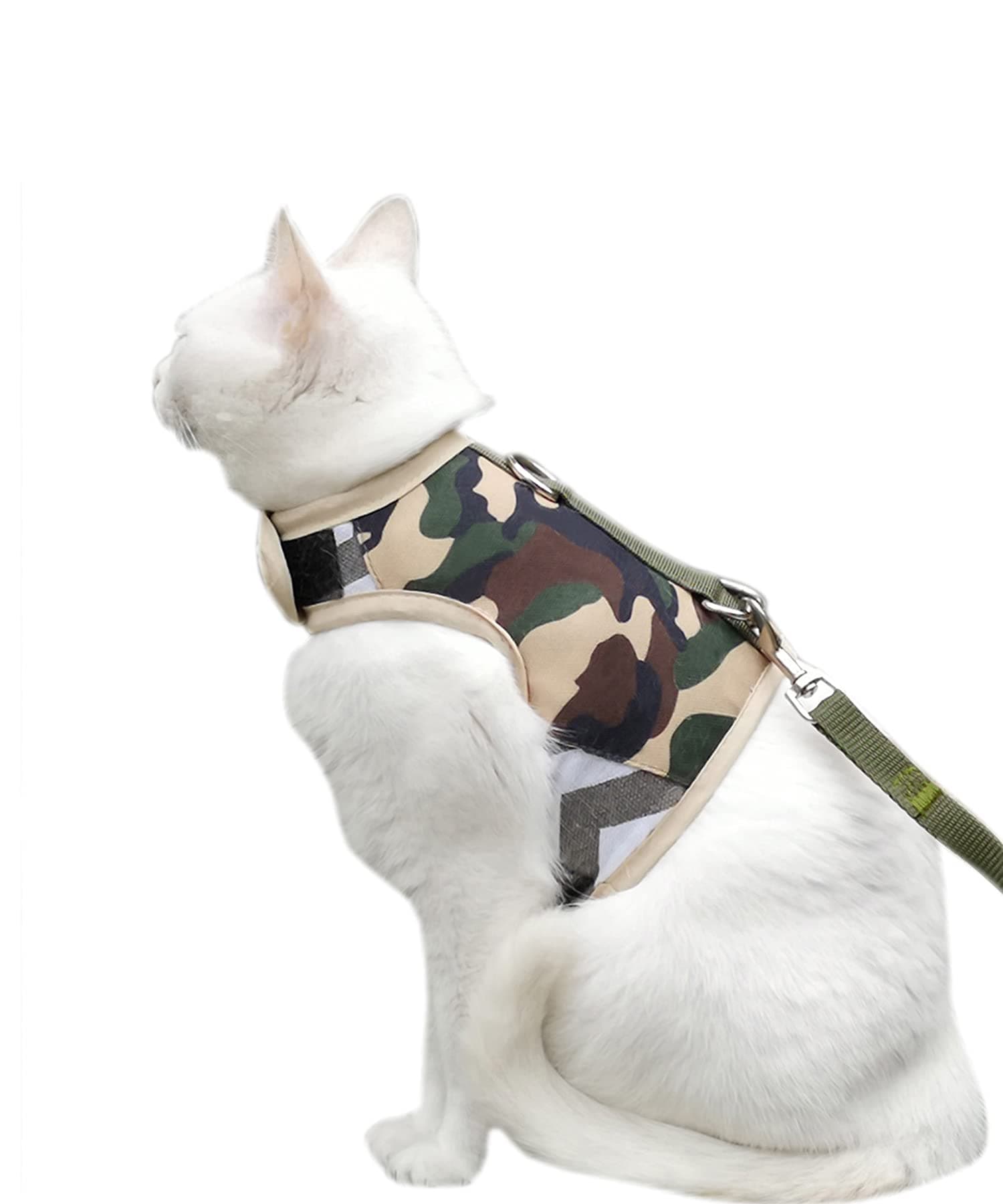 Cat Harness and Leash Set for Walking Escape Proof, Adjustable Cat Vest Harness, Padded Stylish Cat Walking Jackets, Camo Green, Small
