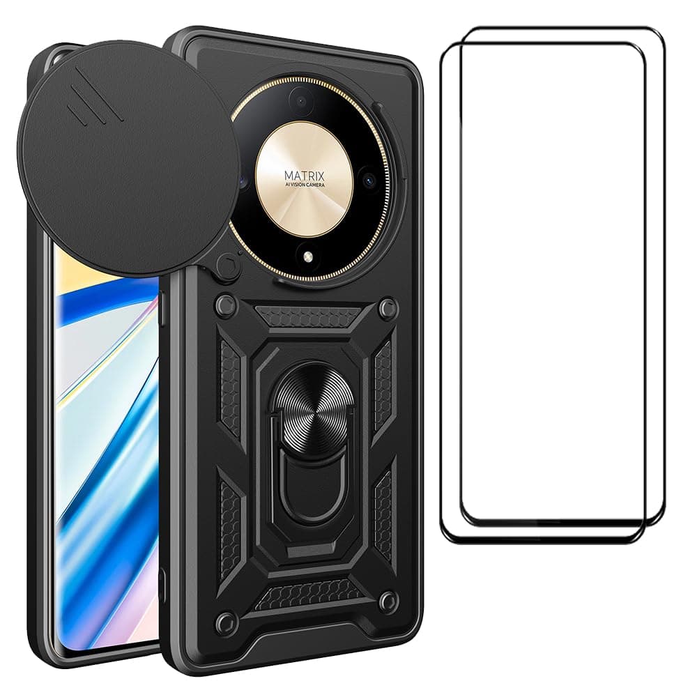 Case for Honor X9b / Magic 6 Lite 5G with Tempered Glass Screen Protector [2 Pack],Sliding Camera Window, Kickstand, Shock-Proof Anti-Scratch Dual-Layer Phone Cover, Black