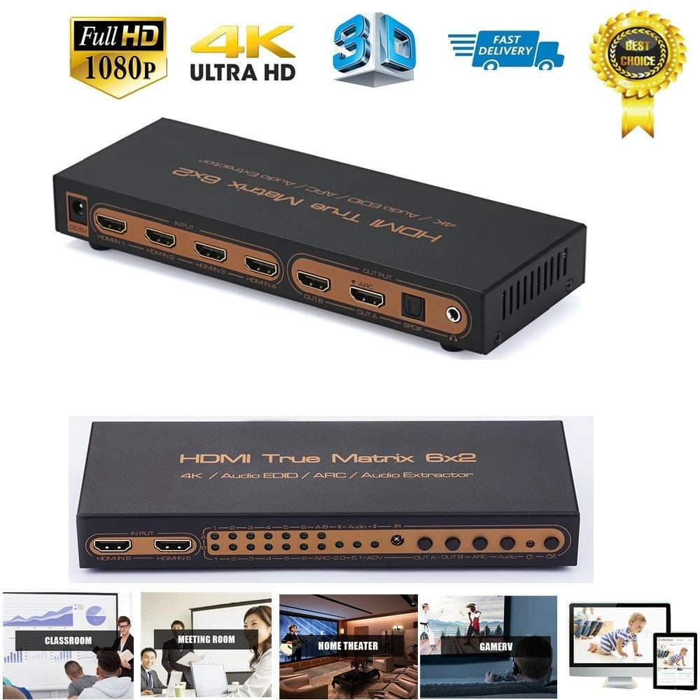 YINGLUN 6x2 HDMI Matrix 6 Inputs 2 Outputs with Remote support 4K /3D/Audio EDID/ARC/Audio Extractor and SPDIF 3.5mm Audio Output