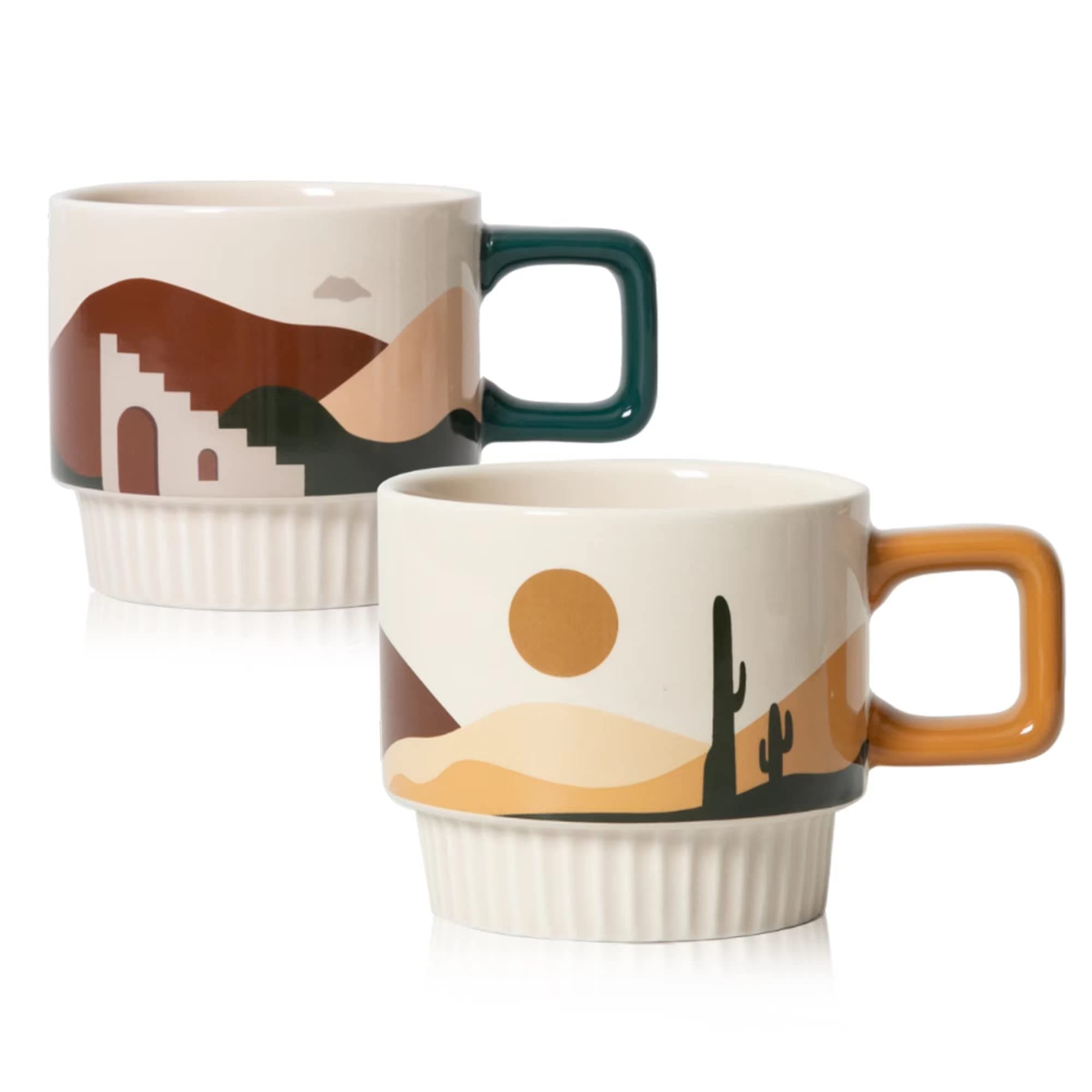 M&M BEAR Hand-Painted Ceramic Coffee Mug Set of 2 , Novelty Cappuccino Cups , Stackable Espresso Cups and Mug