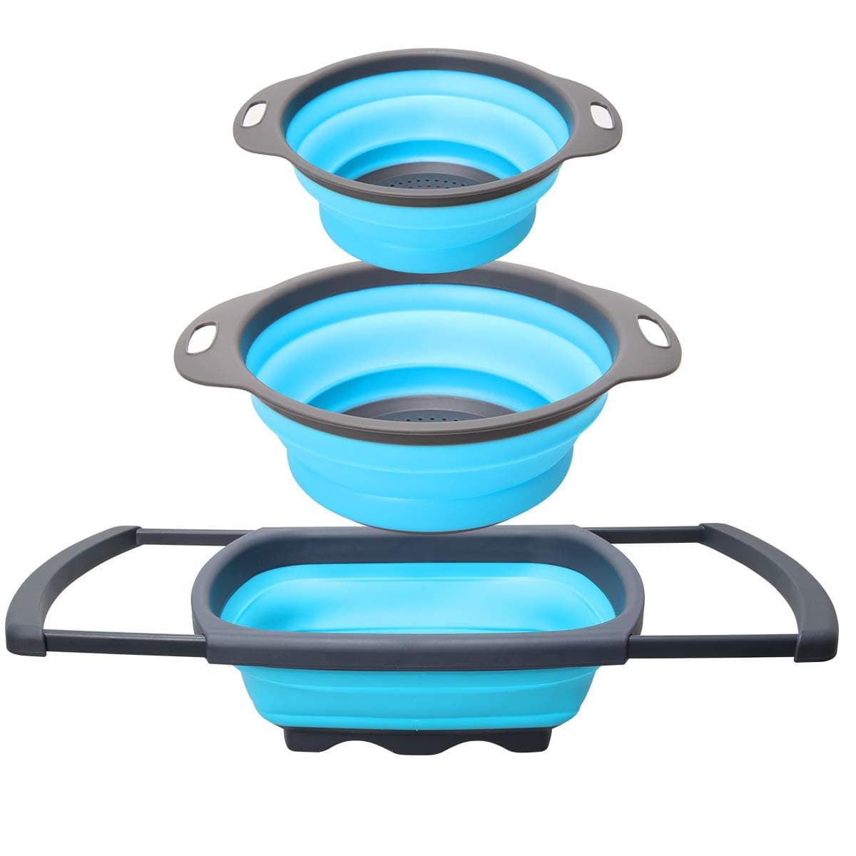 Coitak Collapsible Colander, Foldable Colander Strainer Over The Sink, Vegetable Fruit Washing Basket Strainer With Extendable Handles, 3 of Set