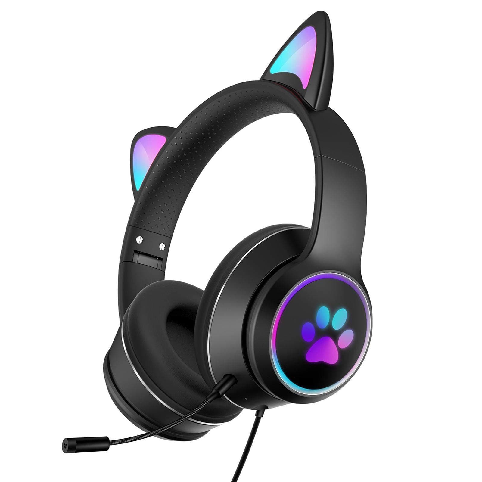Cat Ear Headphones,Foldable and Stretchable Wireless Bluetooth Gaming Headset with RGB LED Light Wired Gaming Headset Stereo Sound,Over Ear Headphones Gift for Kids and Adult