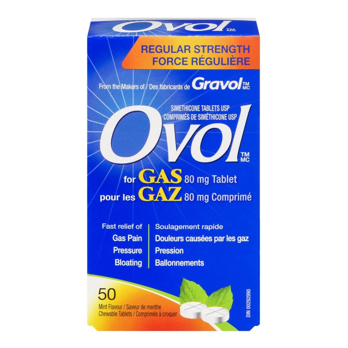 Ovol Gas Regular Strength, Mint - 80 mg, 50 Chewable Tablets