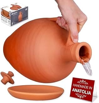 Hakan Anadolu Natural Clay Water Pitcher Set | Unglazed Terracotta Water Carafe & Plate | Traditional Small Mud Jug | Pottery Jar for Drinking Water (Large - 106 oz)