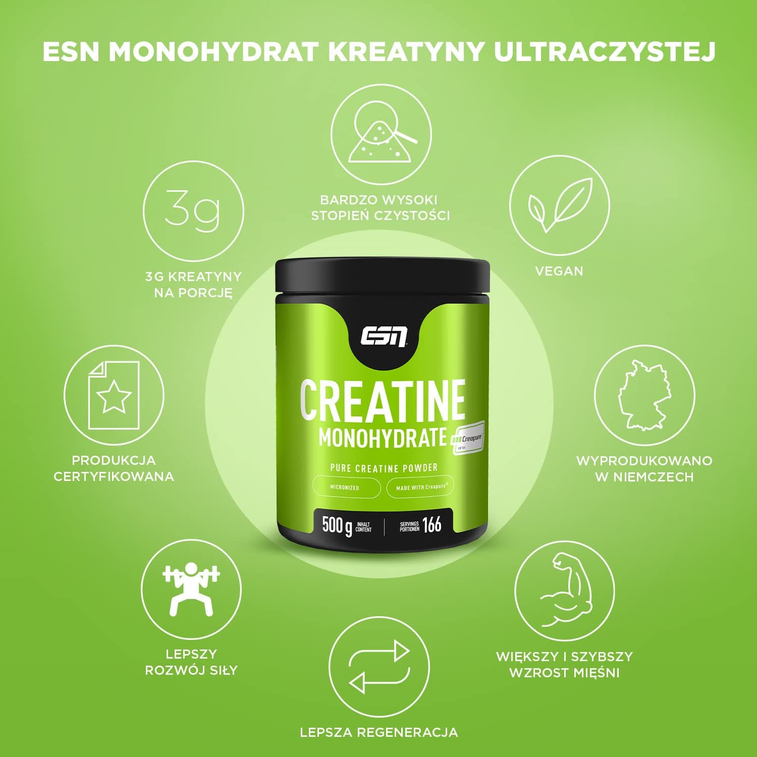 ESN CREAPURE Creatine Monohydrate - Increases Physical Performance During Short, high-Intensity Phases - 500g