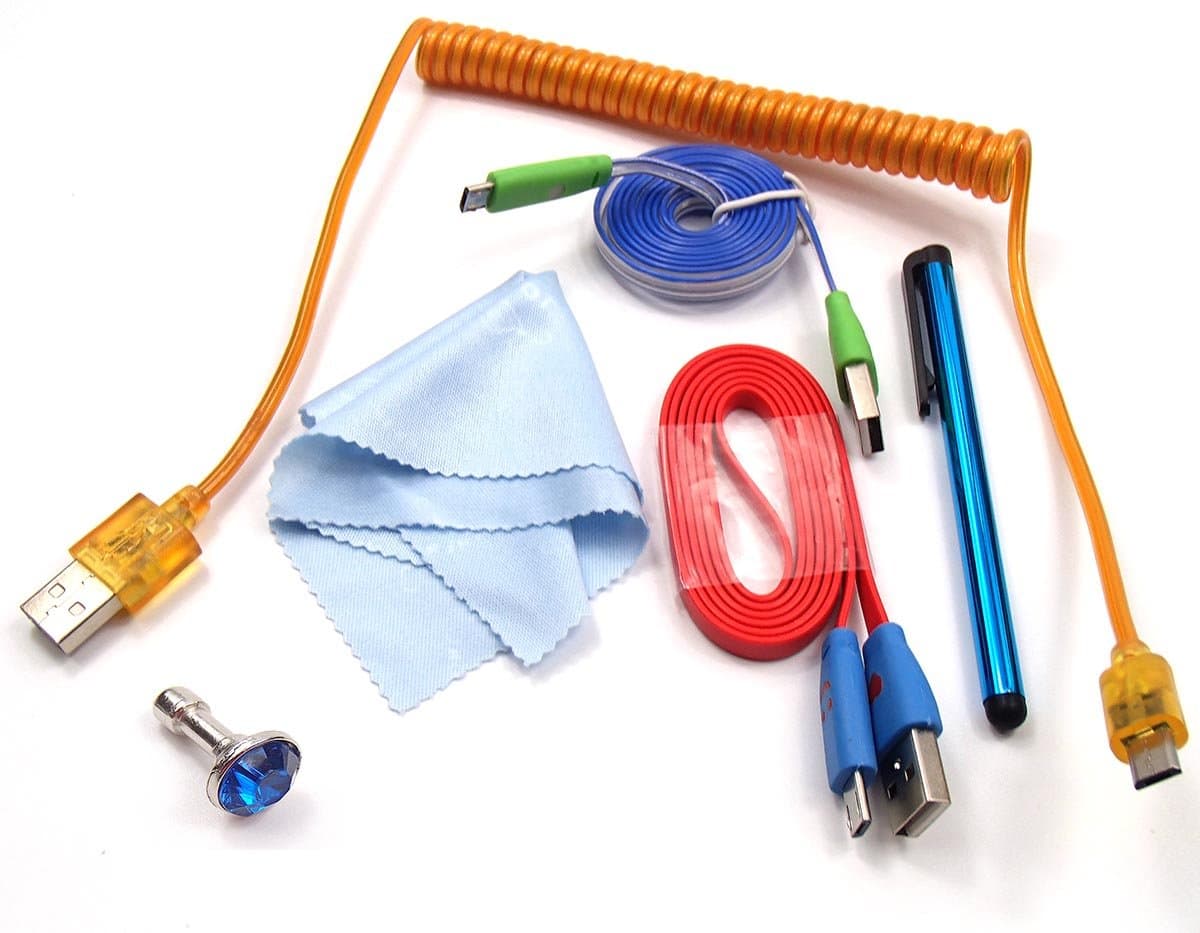 3 Pcs Android Smartphone Data Cables Kit：led 1m 3feet Data Sync USB Charger with Blinking Visible Current Flow Cable+led 1m/3feet Elastic Spring Coiled Light up Fasttravel Charge & Sync USB Charger Adapter Rapid Charging Cable +Led 0.9m/35inch a Male to Micro-usb Data Sync Flat Noodle Cable with Blinking Colorful LED Connectors for Samsung HTC and More+microfiber Cleaning Cloths +Touch Screen Cellphone Tablet Pen+universal Headset Rhinestone Dust Plug