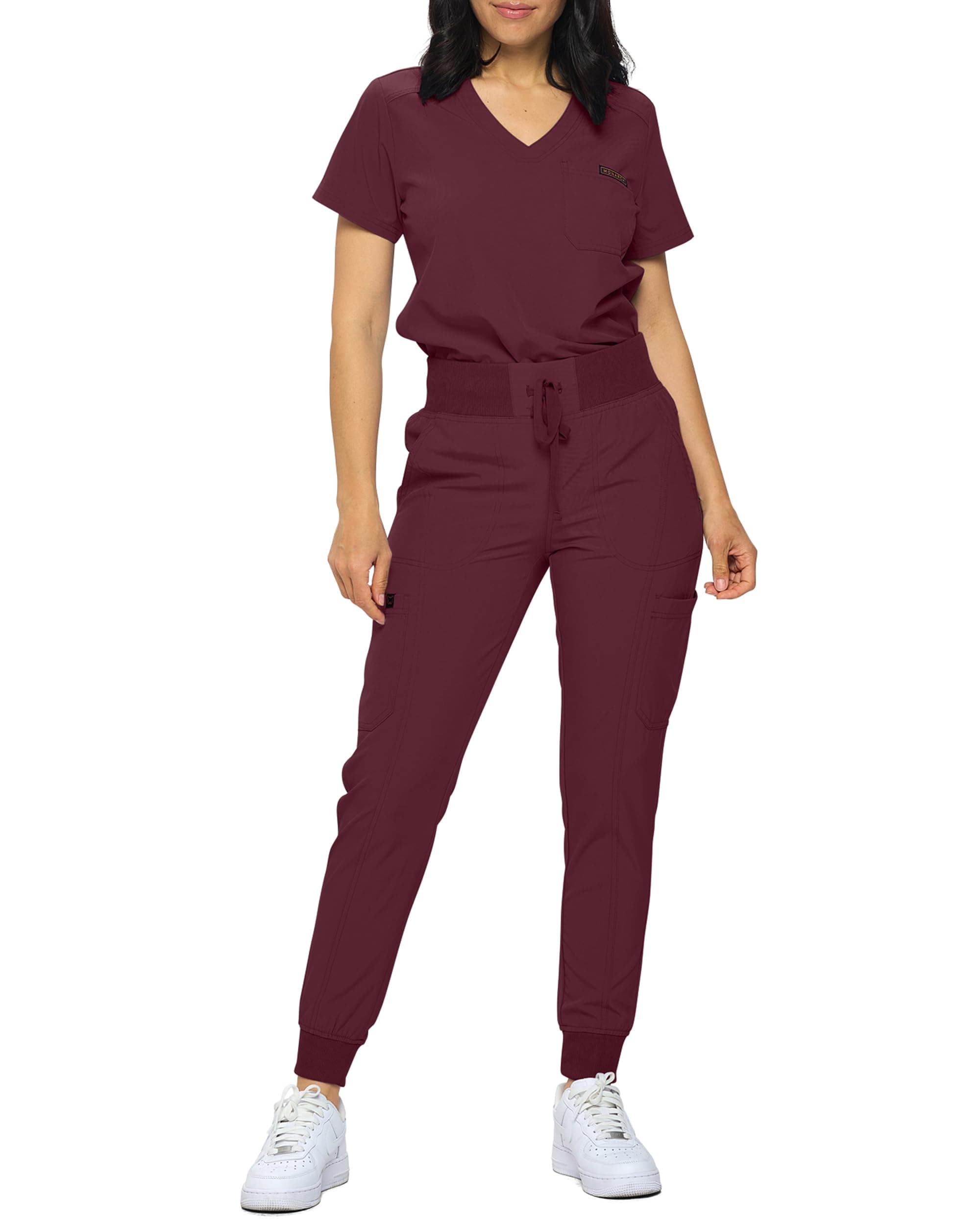 MONARCH UNIFORMS Stretchy Women's Jogger Scrub Set in Regular and Petite With Tuck-In Top, Burgundy, X-Large