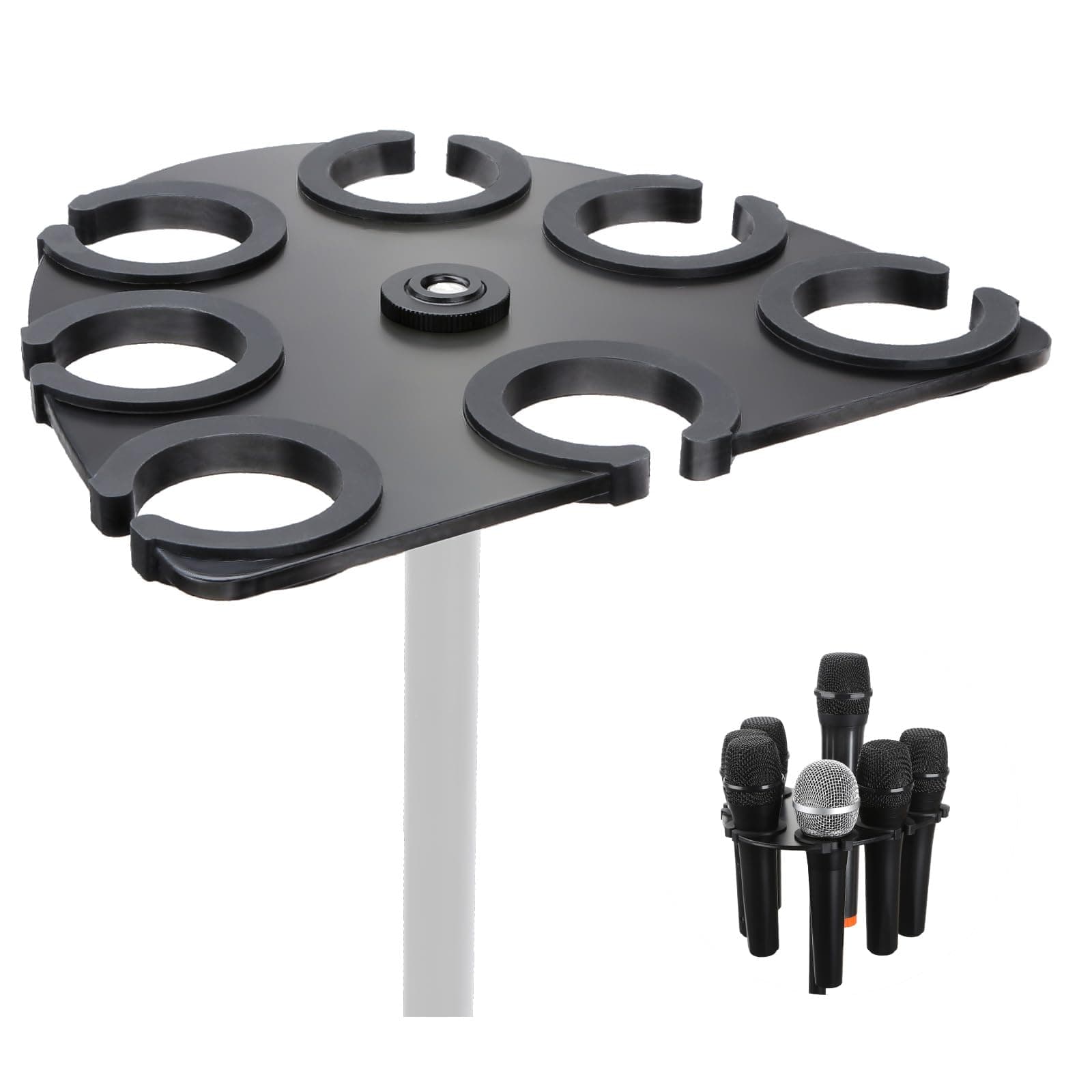 Microphone Holder, Multi Mic Holder for Wired and Wireless Mics, Multiple Microphone Organizer and Display for Mic Stand, Hold Up to 7 Microphones, Aluminum, Black
