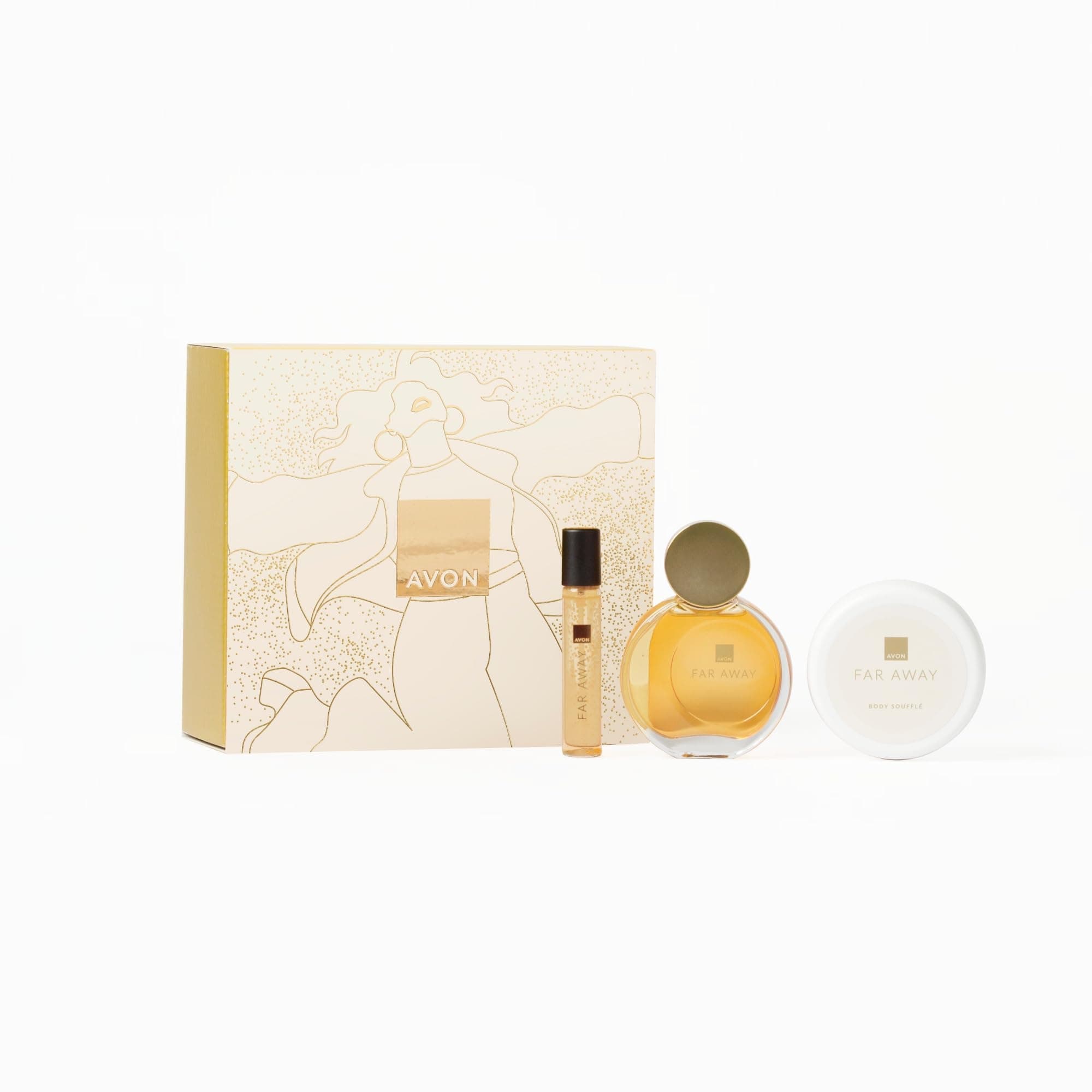 Far Away Original for Her Three Piece Gift Set with Eau de Parfum 50ml, Body Souffle 75ml and Purse Spray 10ml in a Gift Box, Oriental and Floral Scent Notes, Long Lasting Formula, Cruelty Free