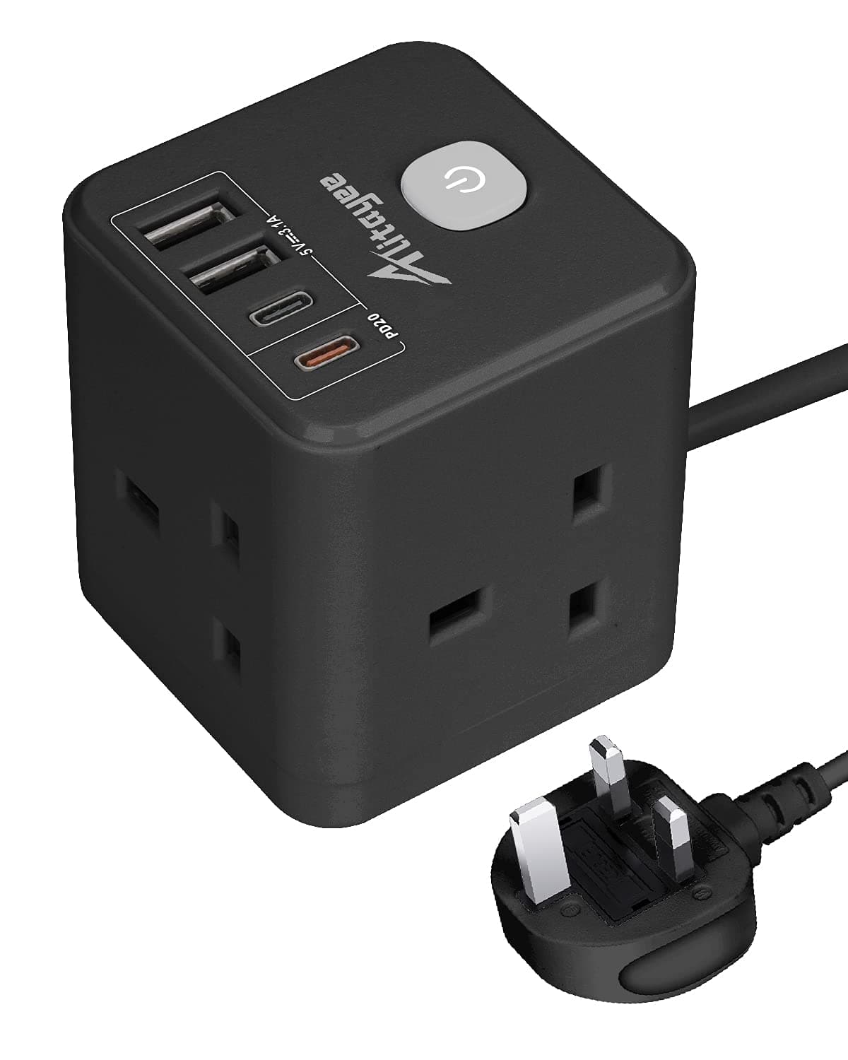 Black Extension Lead USB Multi Plug, Power Cube with USB C PD 20W Fast Charge, Portable Outlet 3 Sockets with USB Ports, Extension Plug Adapter Power Strip, Adapter Plug UK 1.8M Extension Cable-BLACK