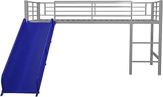 DHP Junior Twin Metal Loft Bed with Slide, Multifunctional Design, Silver with Blue Slide