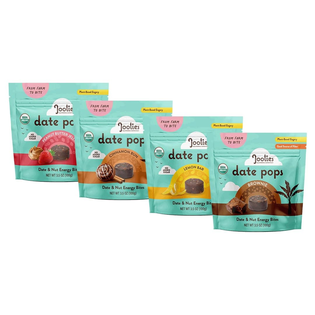 Joolies Date Pops Variety Pack (3.5 Ounce, Pack of 4) - Brownie, Cinnamon Bun, Lemon Bar, PB&J - Gluten Free, Kosher, USDA Organic, Wholesome Ingredients, Perfect for Snacking, Lunch Boxes, Healthy Dessert, CakeUSDA Organic
