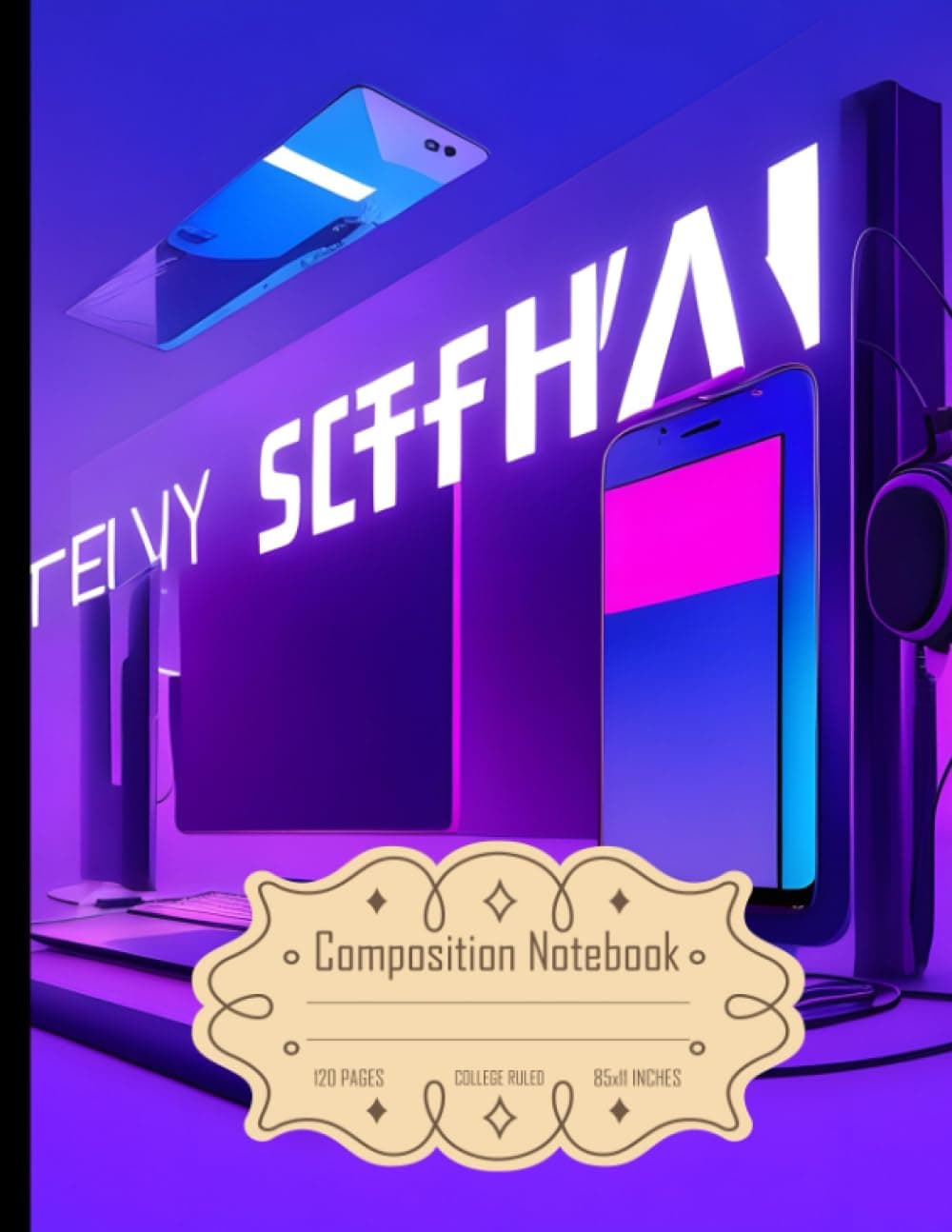 Composition Notebook College Ruled: Ad for Tech Store with Purple Square and Blue Background, Ideal for Tech Enthusiasts, Size 8.5x11 Inches, 120 Pages