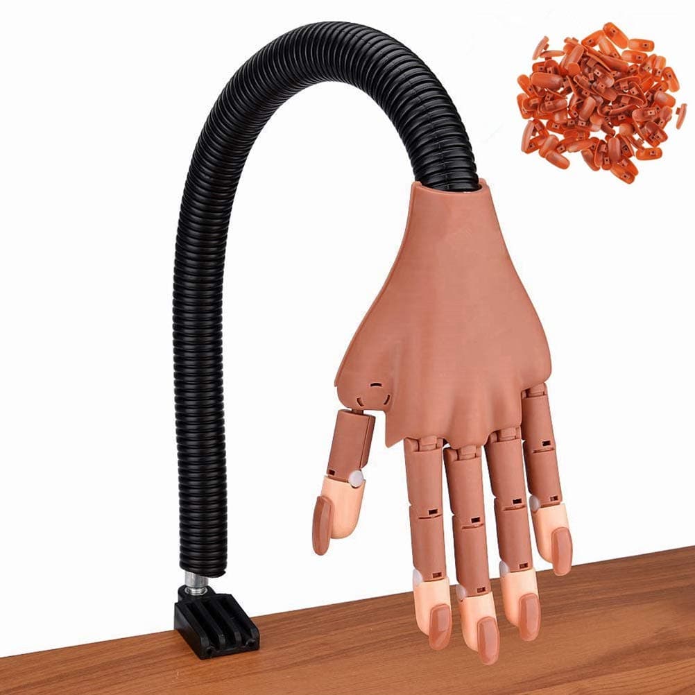 Nail Trainning Practice Hand with 100 PCS Nails Tips，Nail Trainning Adjustable Hands Kits，Flexible Movable Fake Hands for Nail Manicure，Manicure DIY Print Practice Tool Nail Display Manicure Supply