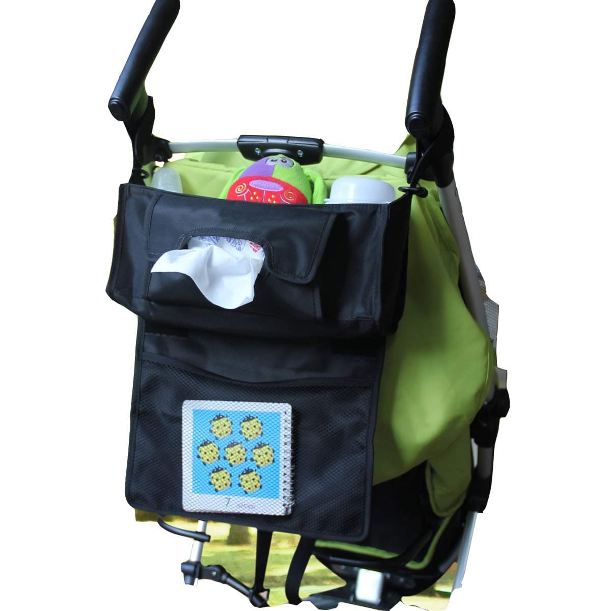 INFANZIA Stroller Organizer with 2 Cup Holders, Stroller Accessory for Storage Bottles Drinks Phones Toys & Snacks (Black)