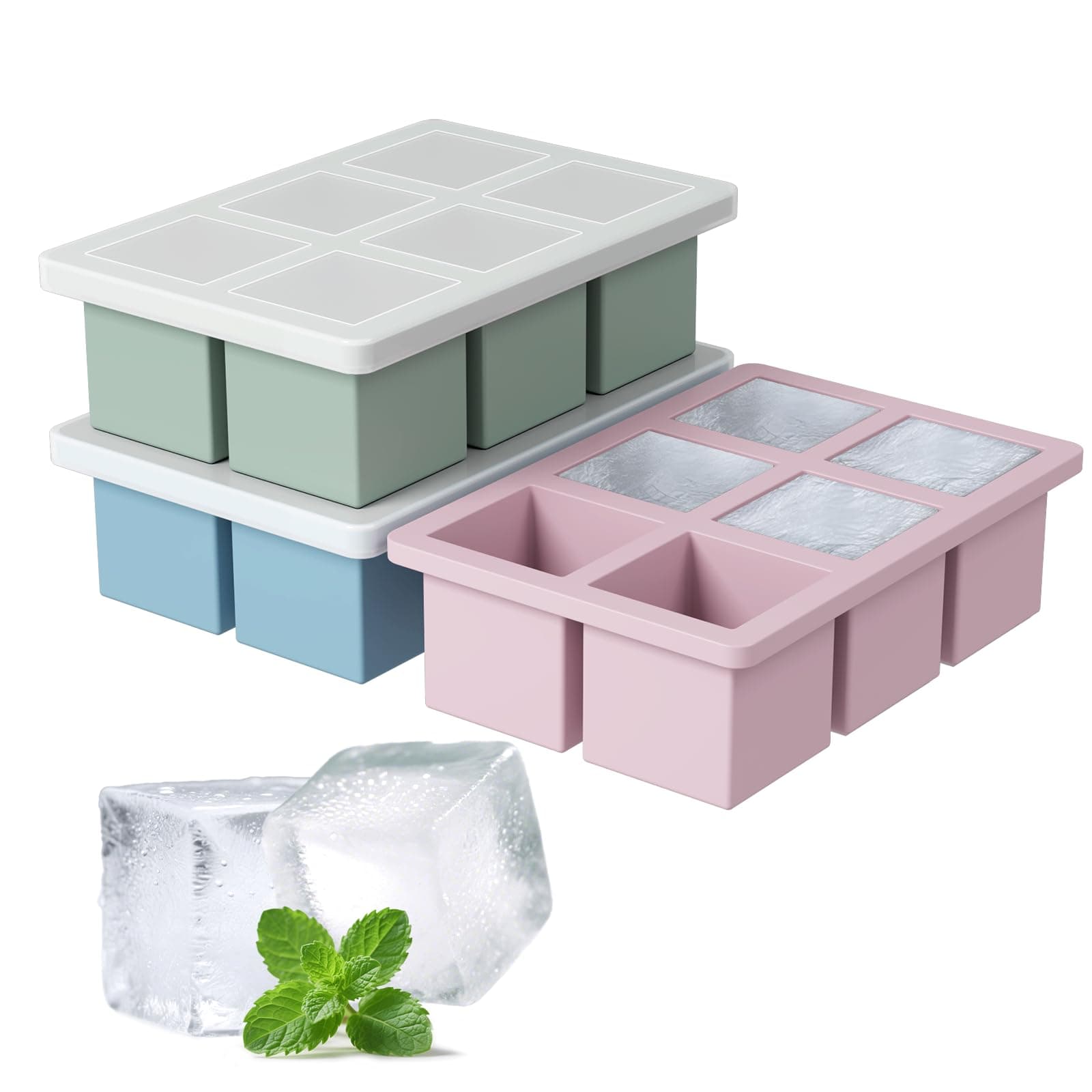 Large Ice Cube Tray 3Pack, SAWNZC Big Ice Cube Molds for Whisky Cocktail, Silicone Ice Cube Trays with Lid, 2inch Square Ice Tray for Freezer