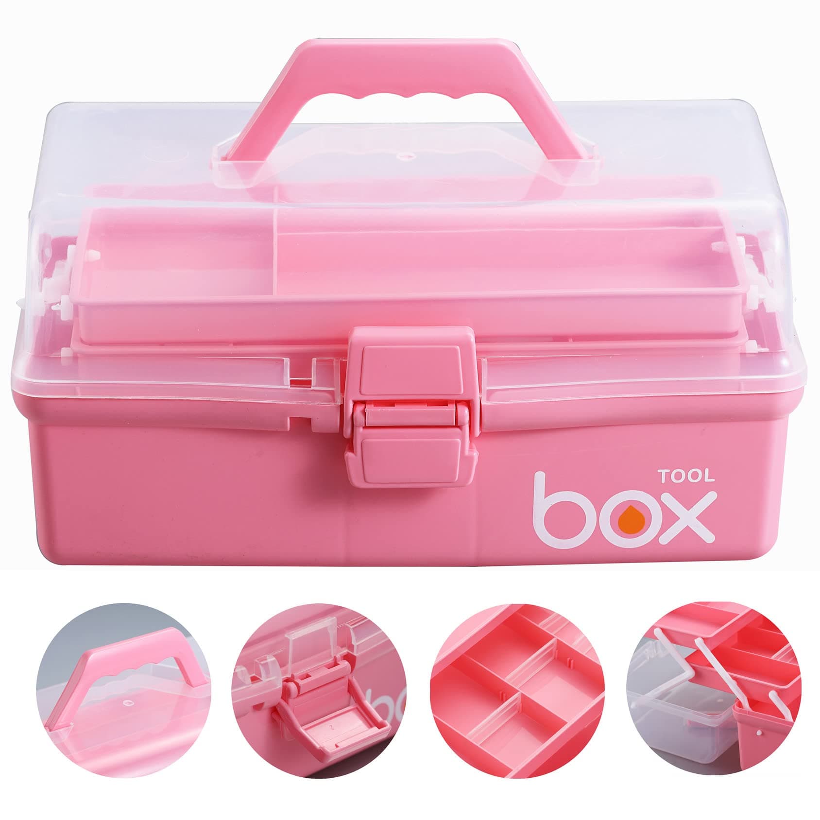 2PCS 12'' Three-Layer Clear Plastic Home Storage Boxes, Multipurpose Organizer and Portable Handled Storage Case for Art Craft and Cosmetic (Pink)