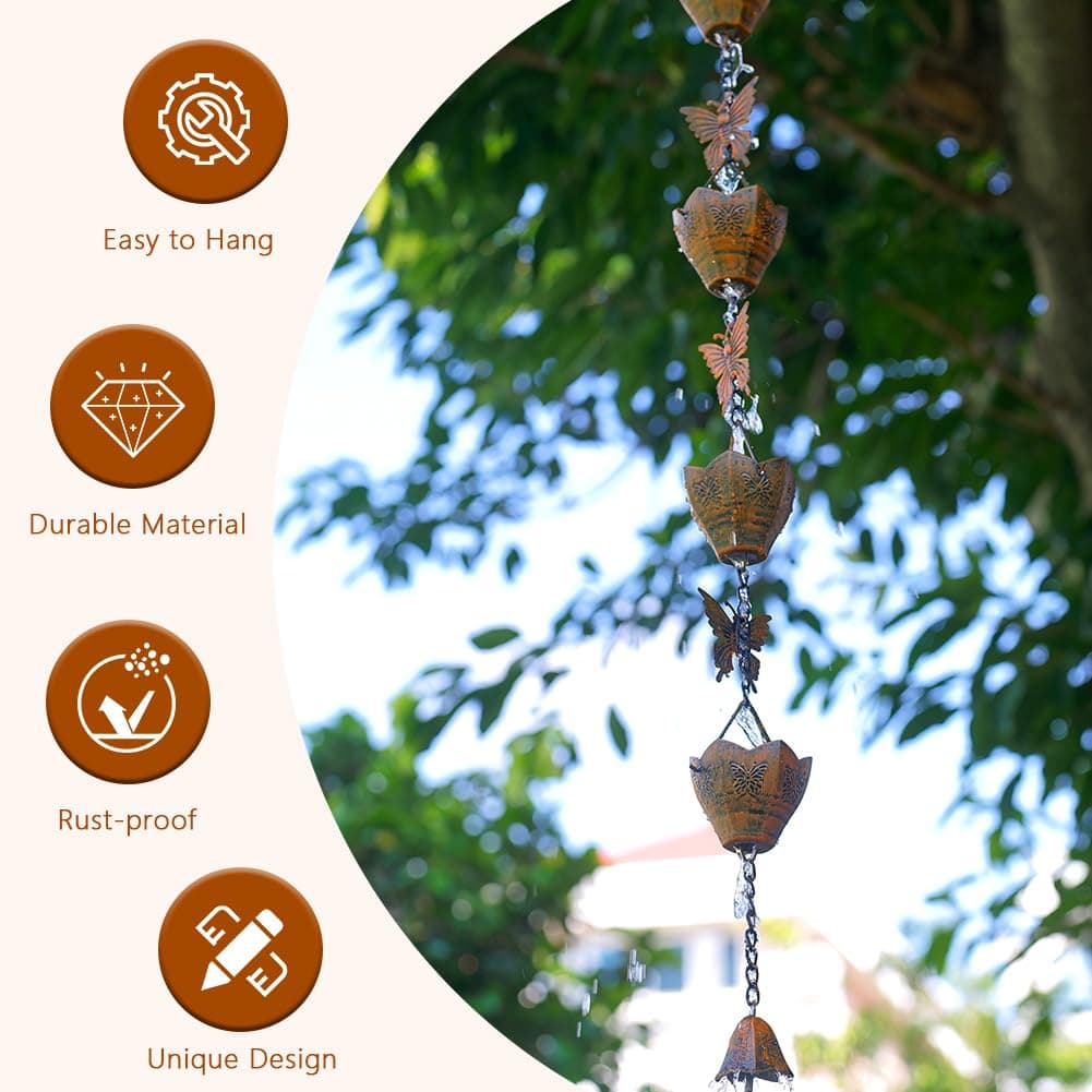 Rain Chains for Outside, 12 Cups Rain Catcher Chain Replacement Downspout for Gutters, Adjustable Length