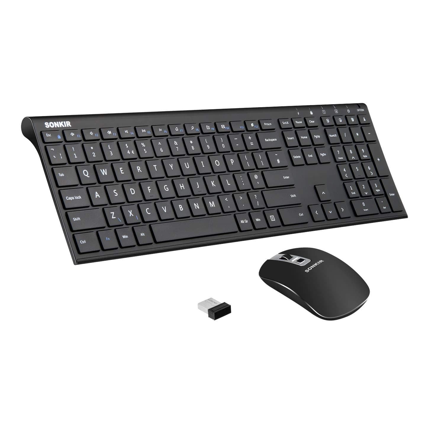 Wireless Keyboard Mouse Combo, Sonkir K-18 Full-Size Ergonomic 2.4G Cordless Keyboard with Protective Film and Silent Mouse Set for Windows Computer PC Laptop Desktop - Black