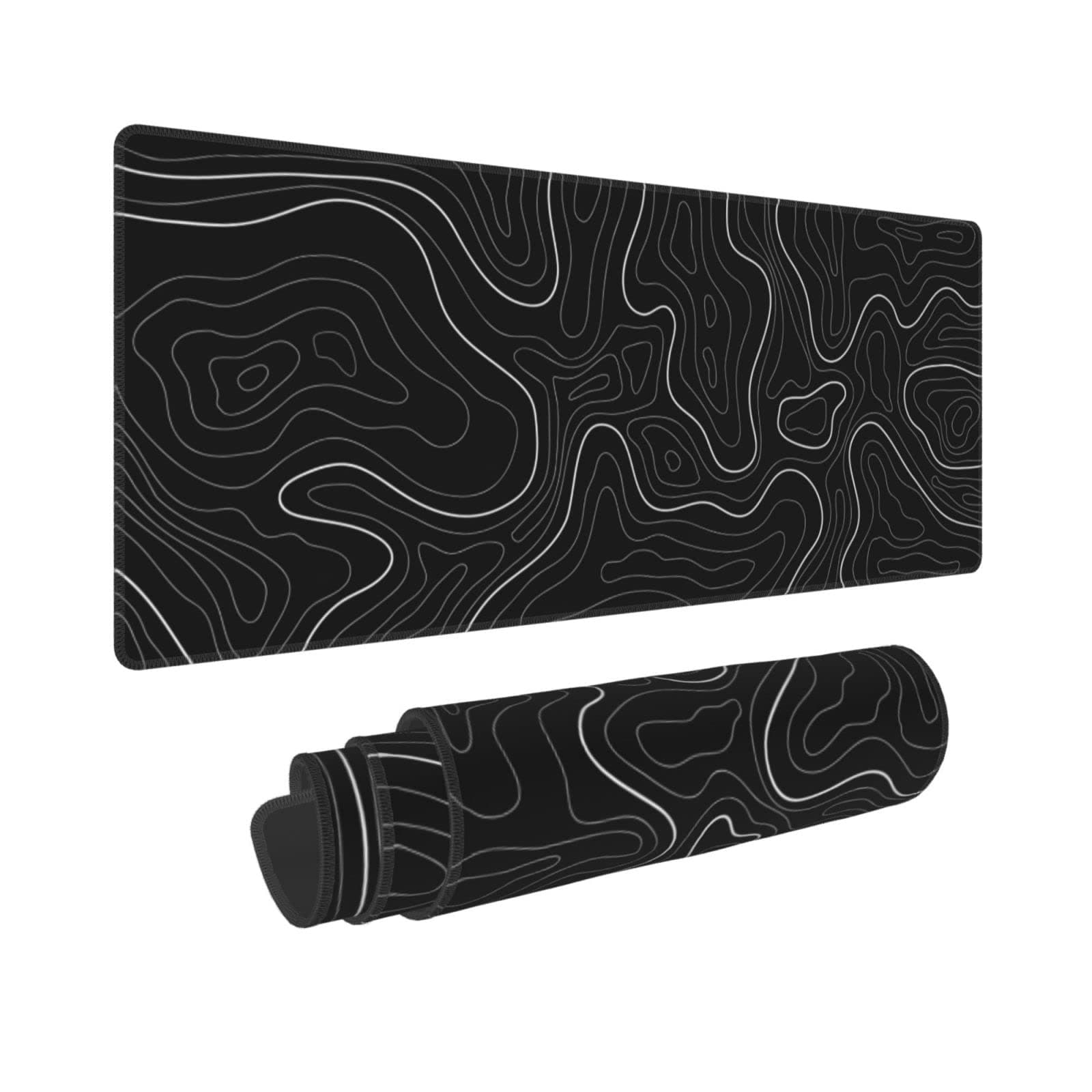 Abstract Topographic Map Black Mouse Pad Big Gaming Mouse Pad XXL Mousepad Large Keyboard Mat with Non-Slip Rubber Base Stitched Edges Mouse Mat Desk Pad for Gaming and Office