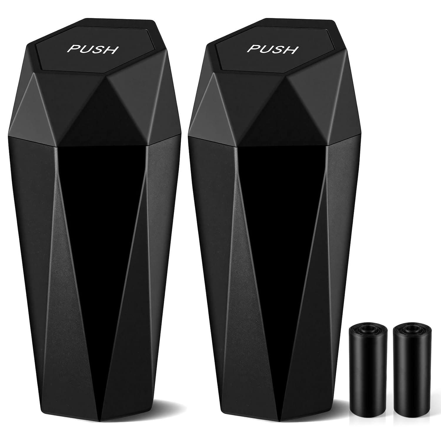 JUSTTOP Car Trash Can with Lid, Diamond Design Small Automatic Portable Trash Can, Easy to Clean, Used in Car Home Office Interior Accessories, 2PCS (Black)