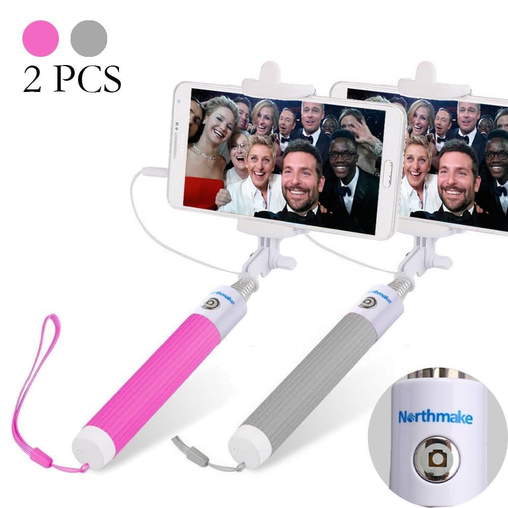2 pcs Selfie Stick, Northmake Foldable Extendable Handled Stick with Adjustable Phone Holder Mount & Built-in Remote Shutter Designed for iPhone & Android Smartphones (Pink, Grey)