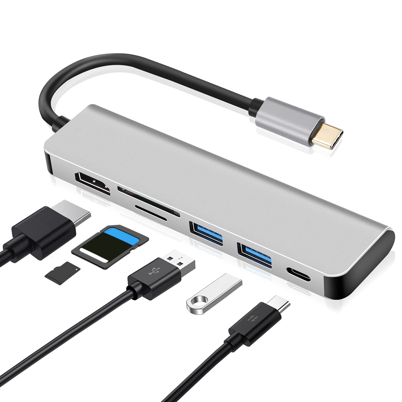 USB C Hub Multiport Adapter - 6 in 1 USB C to Hdmi Multiport Adapter, Sd/TF Card Reader - 2 Ports USB 3.0 - 100W Power Delivery Type-C Hub for MacBook Air/iPad Pro/Laptop/Apple More- Space Gray