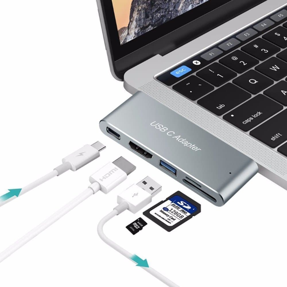 USB Type C Adapter, TONSUM USB Type C Adapter Dongle with HDMI Output for New MacBook Pro 13"&15", 5 in 1 Multiport Hub with Thunderbolt 3, 4K HDMI, USB 3.0 Port, SD/Micro Card Reader Space Gray