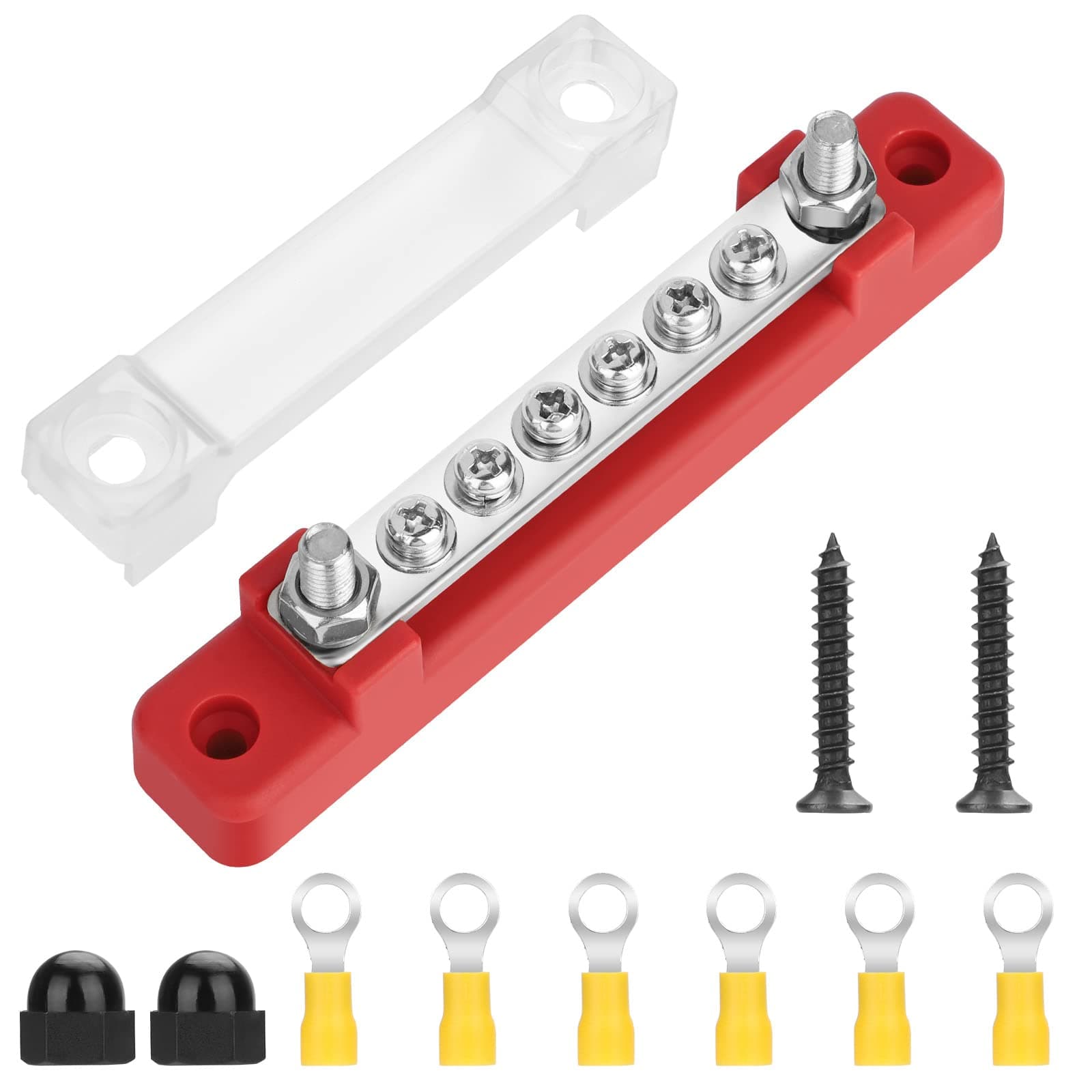 150A Common BusBar Power Terminal Blocks with 2 M6 Studs 6 M4 Screws Terminals, 12V- 48V DC Single-row Covered Power Ground Distribution Block with 6 Wire Lug for Car Boat Marine Caravan RV, Red