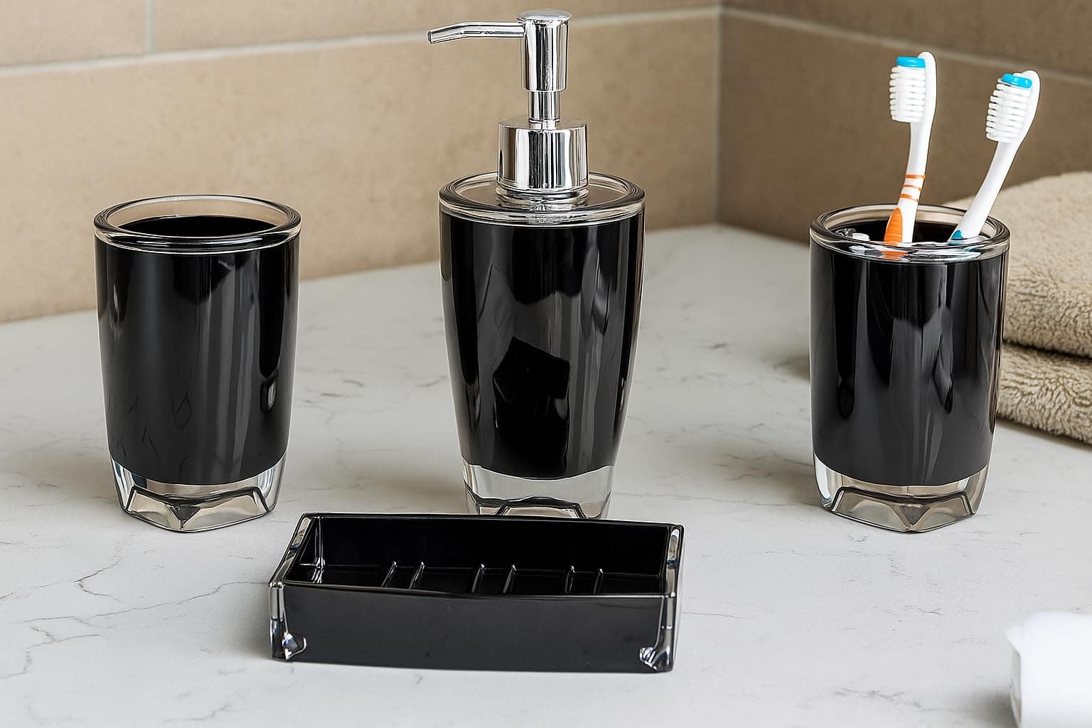 Modern Design 4 Piece Bathroom Accessory Set, Soap Dish, Tooth Brush Holder, Soap Dispenser, Rinse Cup (Black)