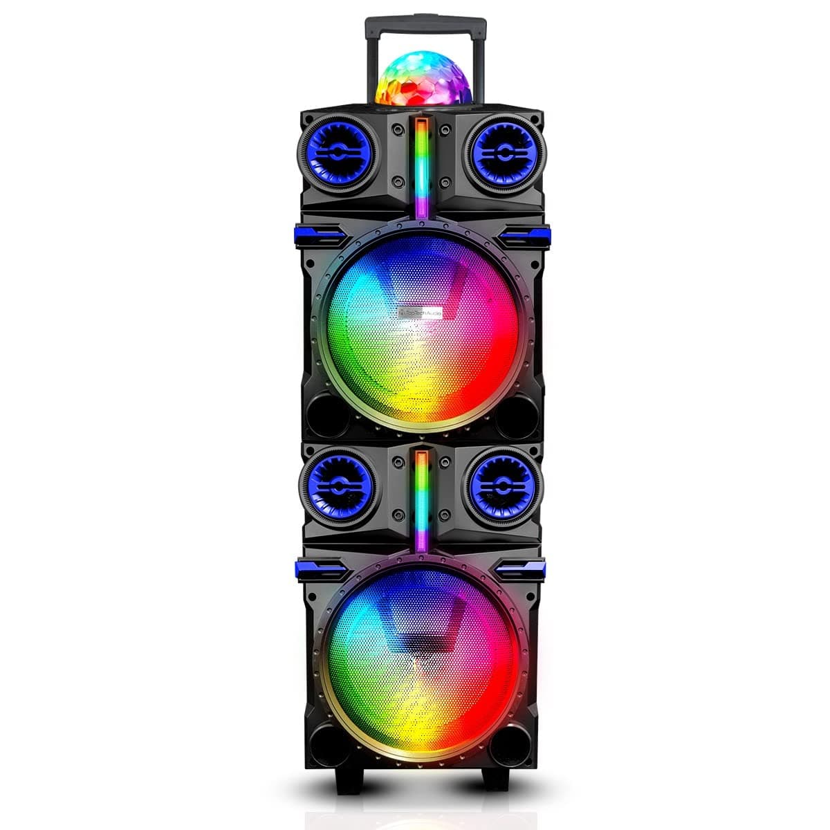 Top Tech Spark-208 5000W Bluetooth Speaker | Dual 8" LED Wireless Sound System w/Disco Ball, Mic, Rechargeable Battery, Handle & Wheels | Portable Party Speaker for Events (Grey)