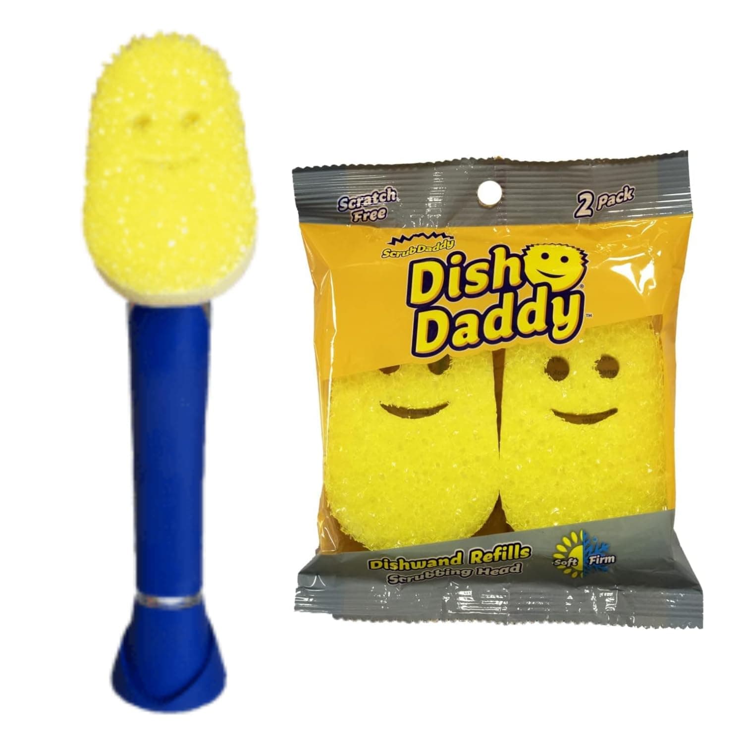 Scrub Daddy Dish Daddy Wand & Refill Heads, Soap Dispensing Dish Brush, Texture Changing Washing Up Sponge With Liquid Handle, Handle Sponge with Built-in Scraper & Scrubbing Head, Drip stand, Blue