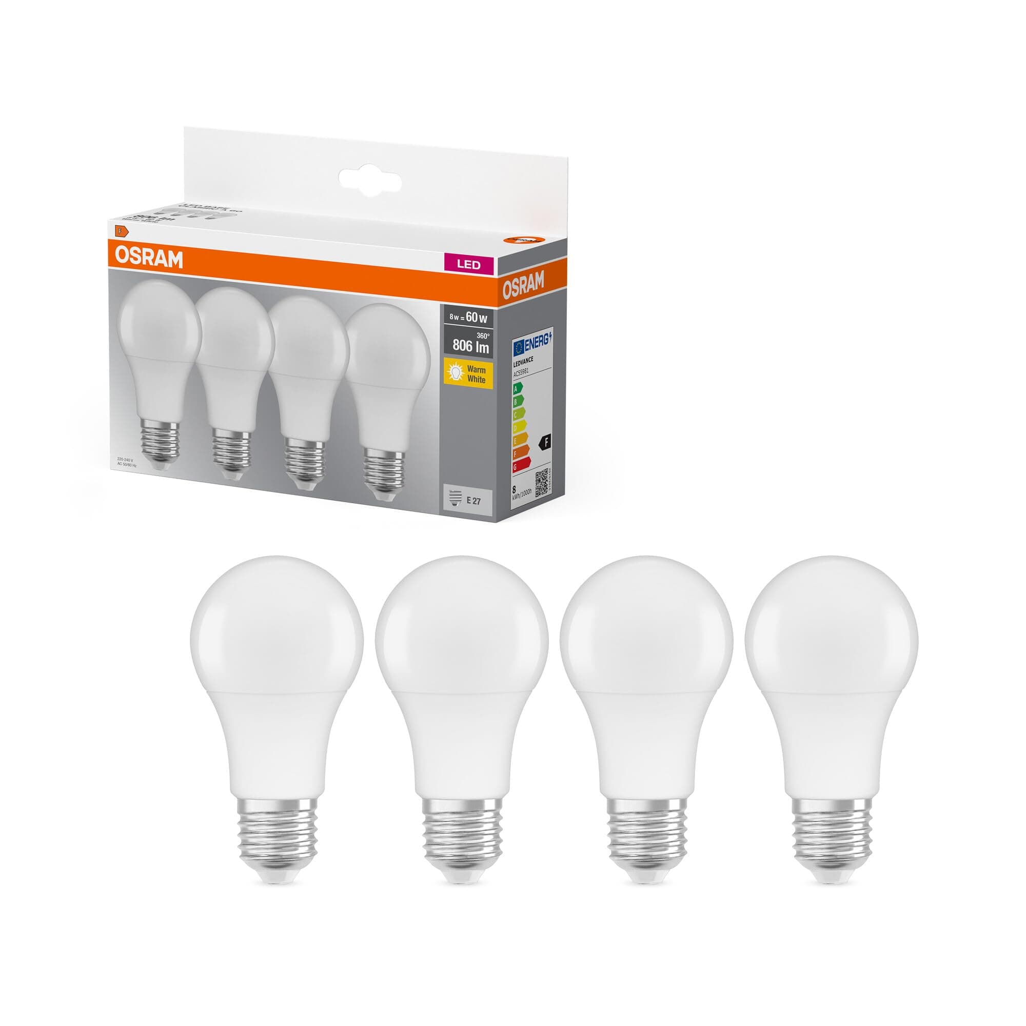 Osram LED Base Classic A Lamp, Bulb-Shaped With E27 Socket, Not Dimmable, Replacement For 60 W Incandescent Lamp, Matt, Warm White, 2700 Kelvin, Pack Of 4 [Energy Class E]