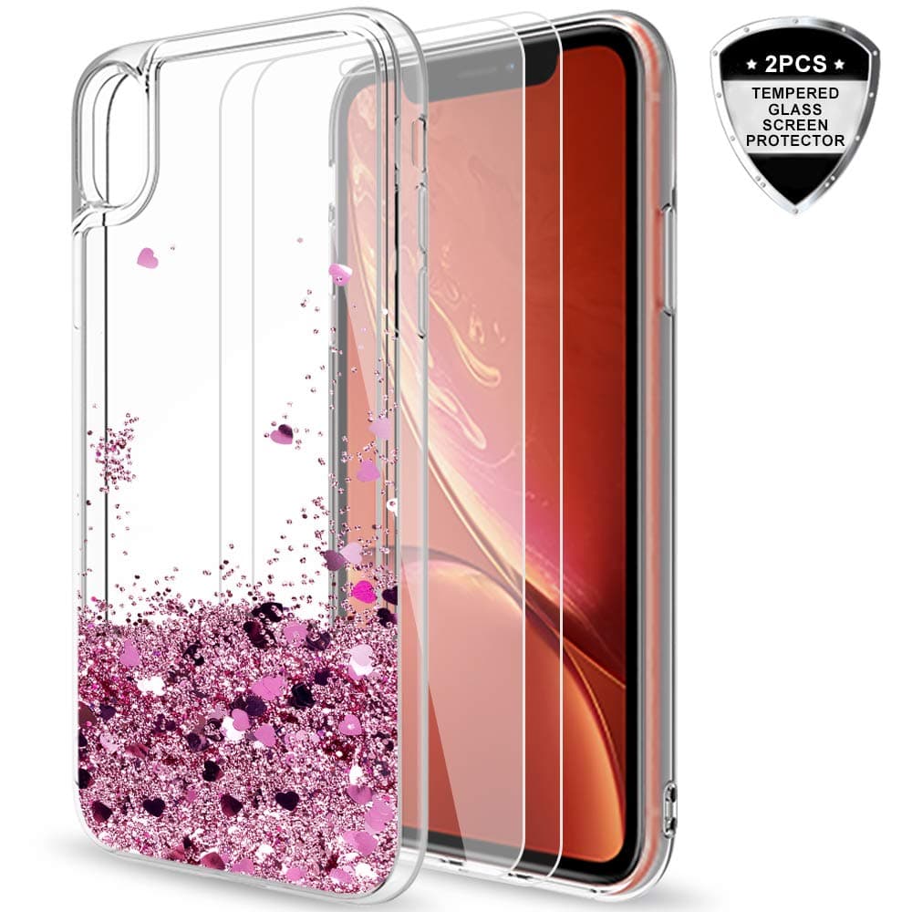 LeYi Case for iPhone XR and Tempered Glass Screen Protector(2 pack), Glitter Liquid Quicksand Flow Luxury Fashion Clear Transparent TPU Gel Silicone Shockproof Cover for Apple iPhone XR Rose Gold